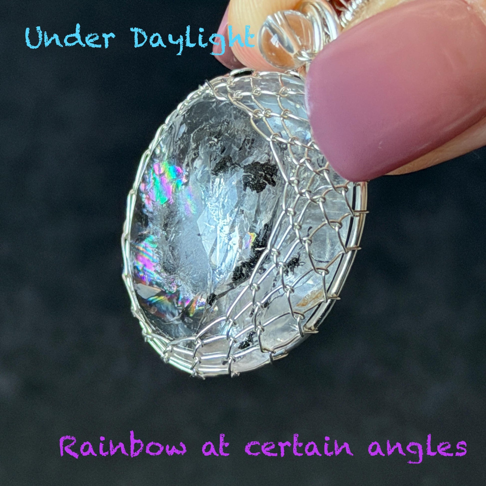 Polished Rainbow Enhydro Quartz (Herkimer Diamond) Wire Wrapped Pendant Adjustable Necklace: Moving Sand & Water Bubble Inclusion Crystal | Natural Gemstone Birthstone Gift for her men necklace chakra crystal purify stone minerals specimen adjustable choker silver pendant inclusion crystal inclusion quartz jewelry rainbow quartz choker necklace enhydro crystal S925 silver pendant