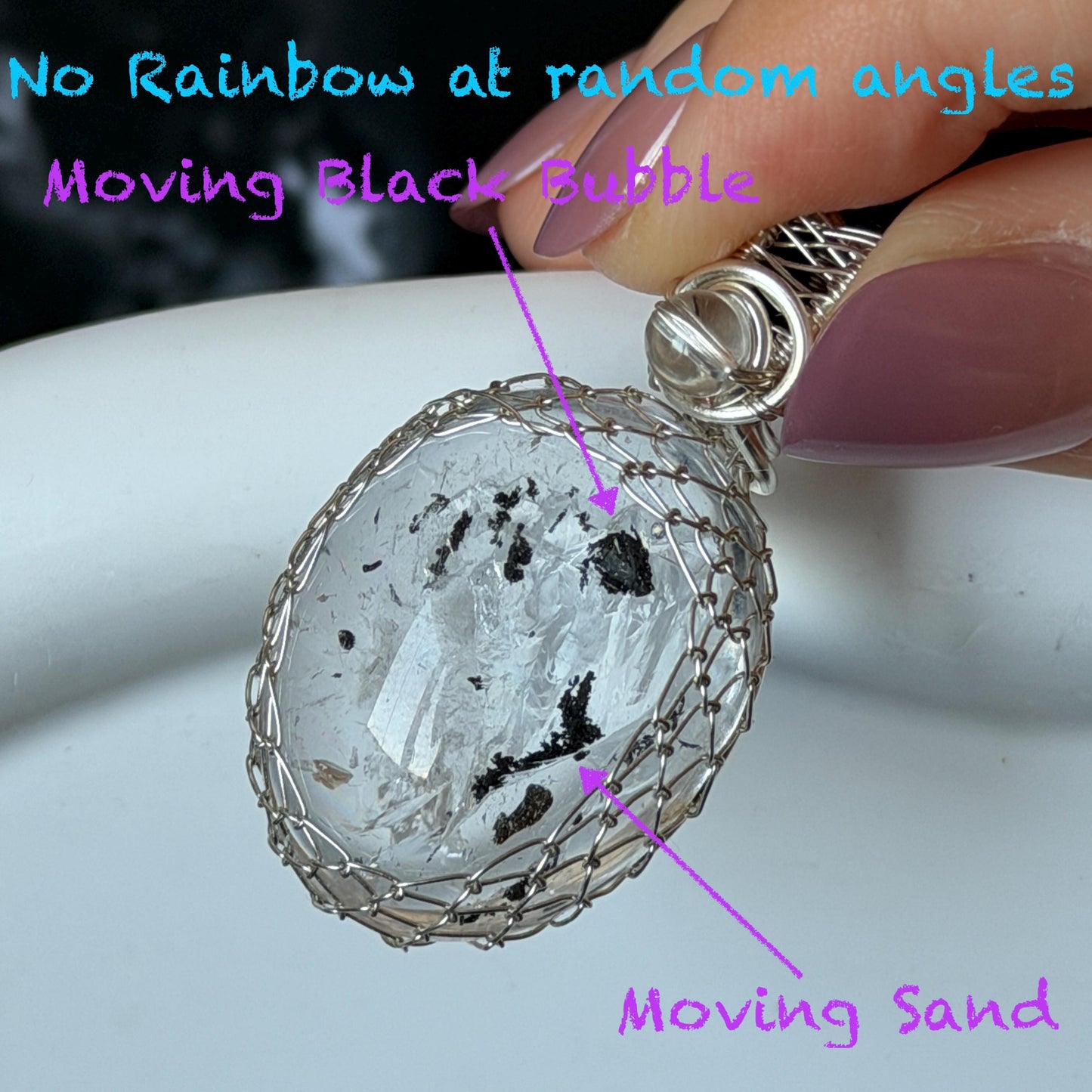 Polished Rainbow Enhydro Quartz (Herkimer Diamond) Wire Wrapped Pendant Adjustable Necklace: Moving Sand & Water Bubble Inclusion Crystal | Natural Gemstone Birthstone Gift for her men necklace chakra crystal purify stone minerals specimen adjustable choker silver pendant inclusion crystal inclusion quartz jewelry rainbow quartz choker necklace enhydro crystal S925 silver pendant