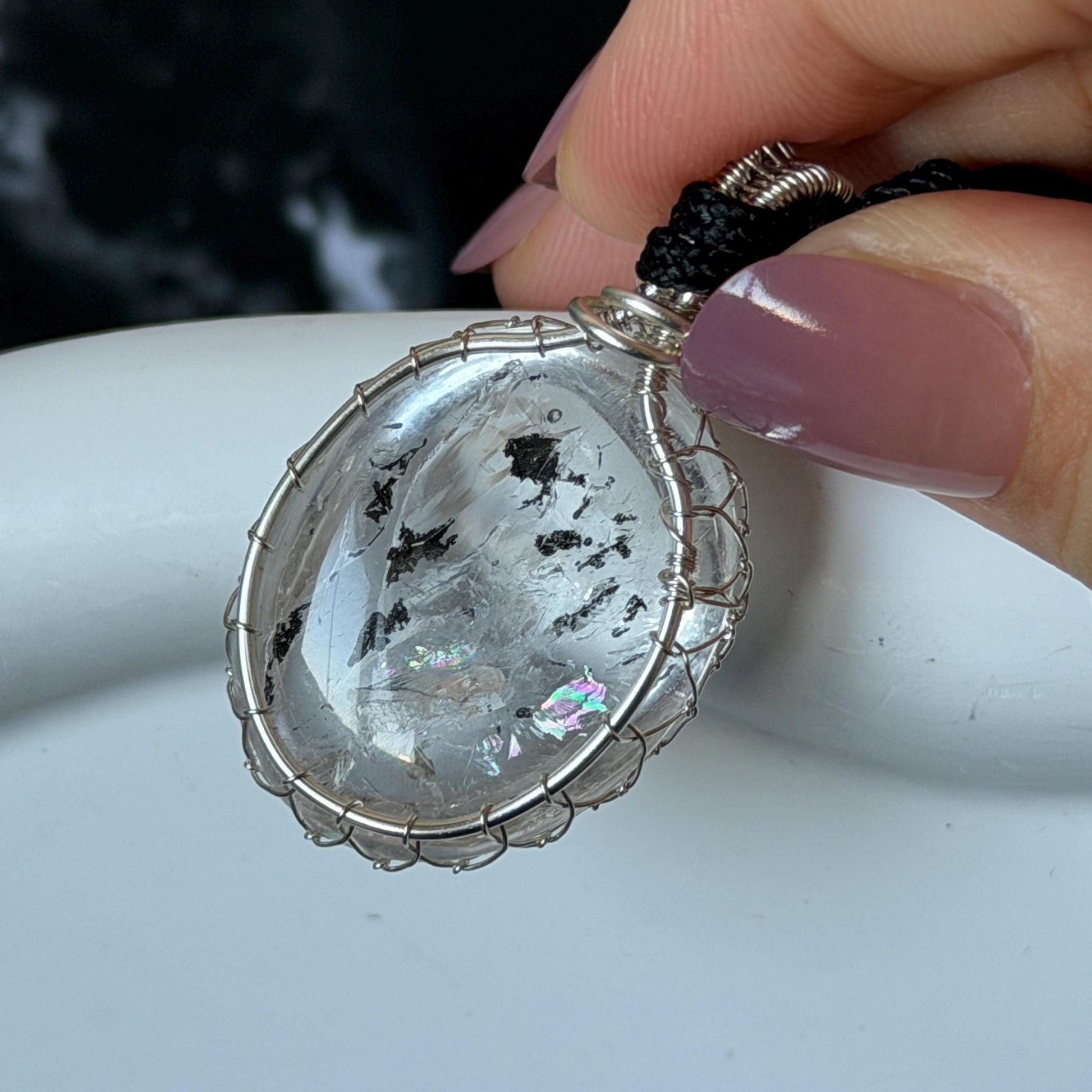 Polished Rainbow Enhydro Quartz (Herkimer Diamond) Wire Wrapped Pendant Adjustable Necklace: Moving Sand & Water Bubble Inclusion Crystal | Natural Gemstone Birthstone Gift for her men necklace chakra crystal purify stone minerals specimen adjustable choker silver pendant inclusion crystal inclusion quartz jewelry rainbow quartz choker necklace enhydro crystal S925 silver pendant