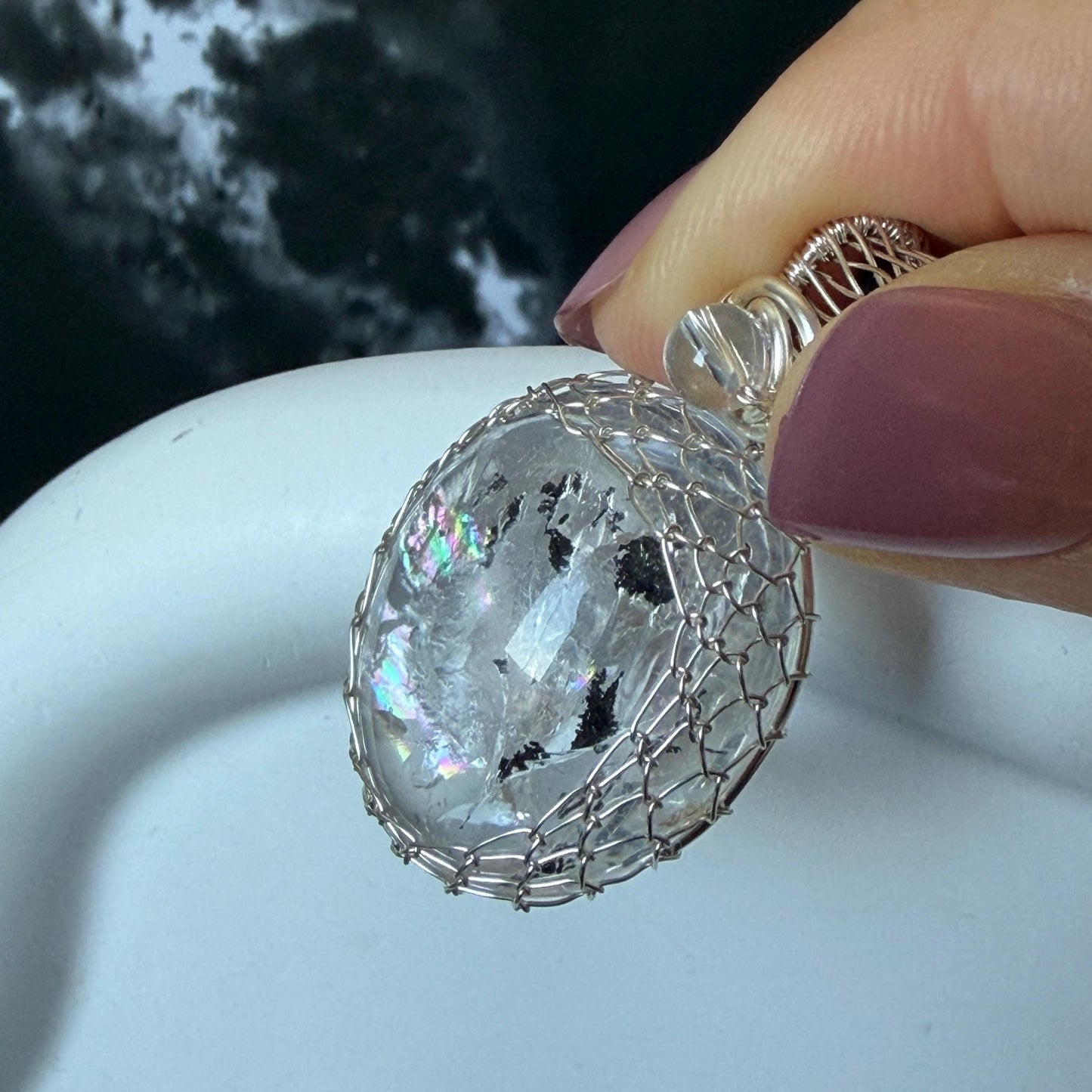 Polished Rainbow Enhydro Quartz (Herkimer Diamond) Wire Wrapped Pendant Adjustable Necklace: Moving Sand & Water Bubble Inclusion Crystal | Natural Gemstone Birthstone Gift for her men necklace chakra crystal purify stone minerals specimen adjustable choker silver pendant inclusion crystal inclusion quartz jewelry rainbow quartz choker necklace enhydro crystal S925 silver pendant