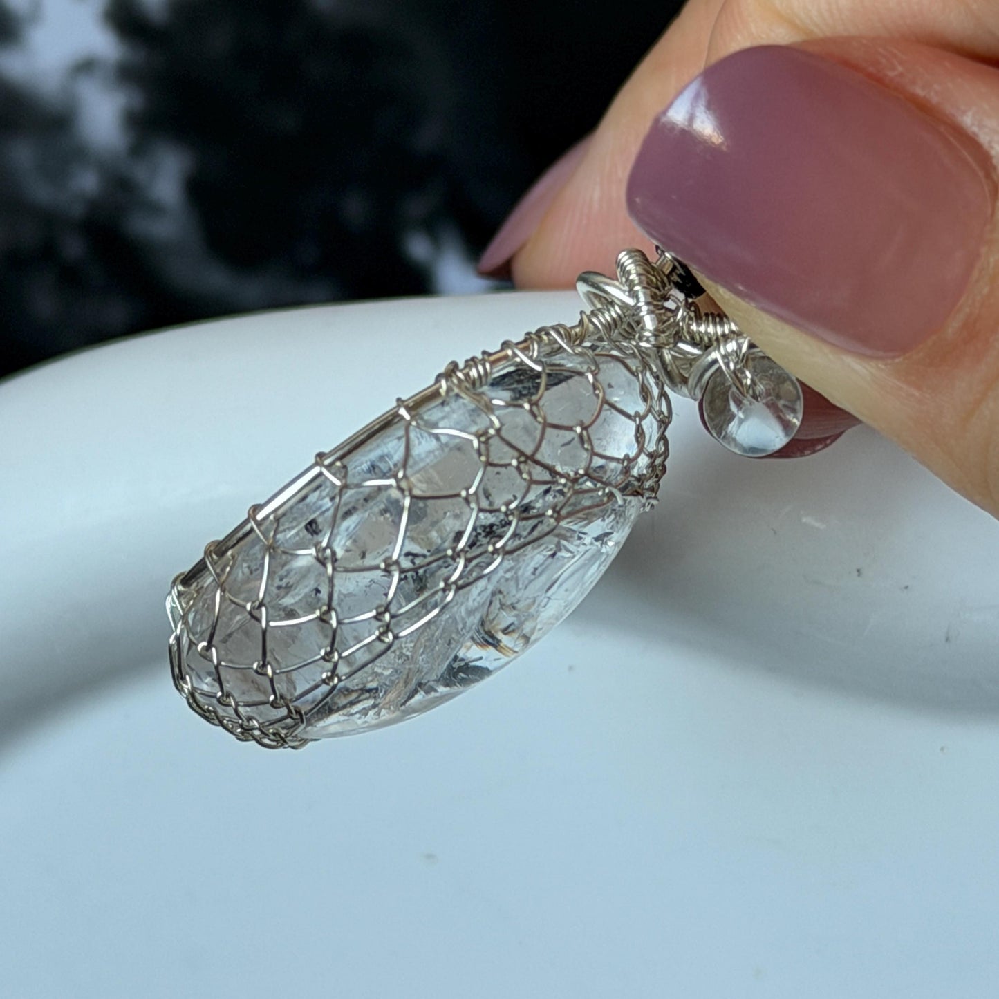 Polished Rainbow Enhydro Quartz (Herkimer Diamond) Wire Wrapped Pendant Adjustable Necklace: Moving Sand & Water Bubble Inclusion Crystal | Natural Gemstone Birthstone Gift for her men necklace chakra crystal purify stone minerals specimen adjustable choker silver pendant inclusion crystal inclusion quartz jewelry rainbow quartz choker necklace enhydro crystal S925 silver pendant