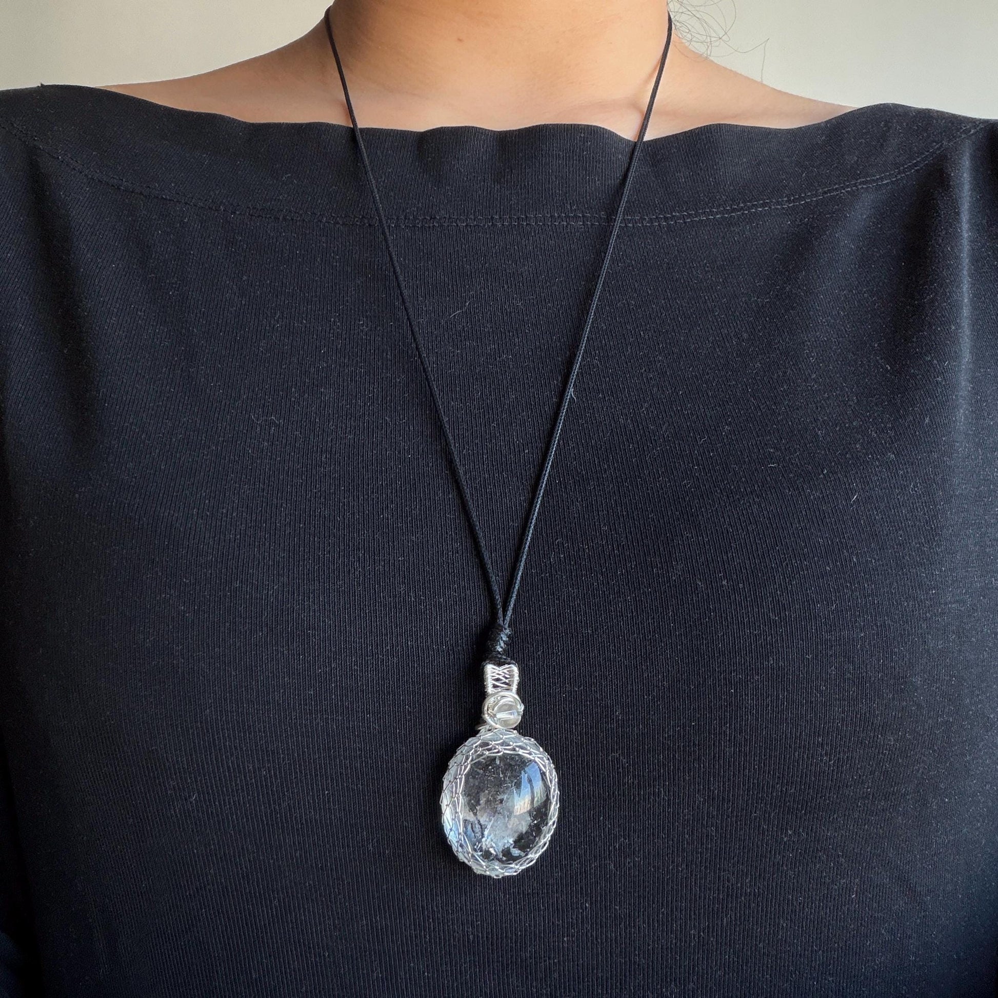 Polished Rainbow Enhydro Quartz (Herkimer Diamond) Wire Wrapped Pendant Adjustable Necklace: Moving Sand & Water Bubble Inclusion Crystal | Natural Gemstone Birthstone Gift for her men necklace chakra crystal purify stone minerals specimen adjustable choker silver pendant inclusion crystal inclusion quartz jewelry rainbow quartz choker necklace enhydro crystal S925 silver pendant