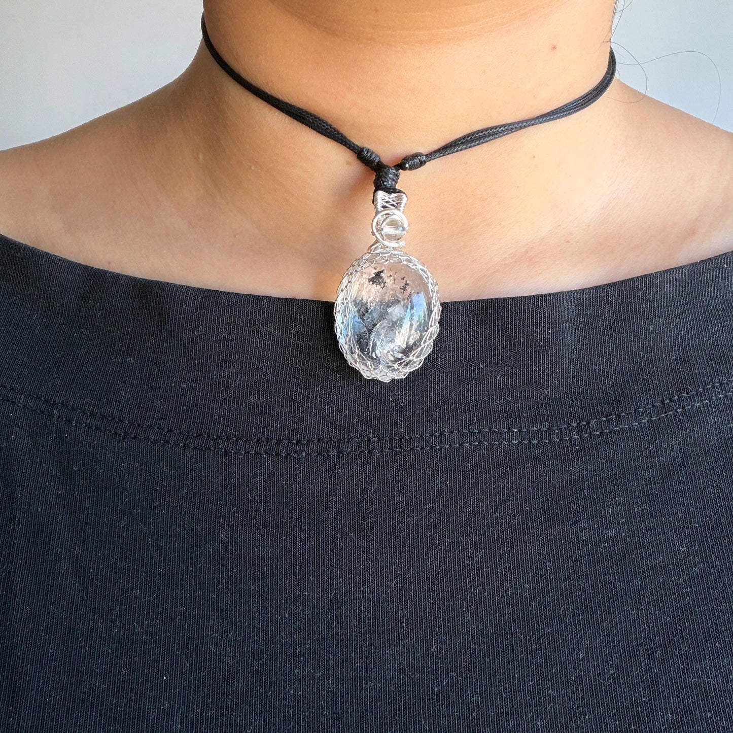 Polished Rainbow Enhydro Quartz (Herkimer Diamond) Wire Wrapped Pendant Adjustable Necklace: Moving Sand & Water Bubble Inclusion Crystal | Natural Gemstone Birthstone Gift for her men necklace chakra crystal purify stone minerals specimen adjustable choker silver pendant inclusion crystal inclusion quartz jewelry rainbow quartz choker necklace enhydro crystal S925 silver pendant