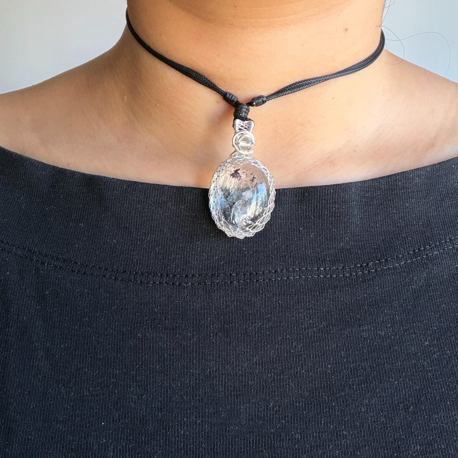 Polished Rainbow Enhydro Quartz (Herkimer Diamond) Wire Wrapped Pendant Adjustable Necklace: Moving Sand & Water Bubble Inclusion Crystal | Natural Gemstone Birthstone Gift for her men necklace chakra crystal purify stone minerals specimen adjustable choker silver pendant inclusion crystal inclusion quartz jewelry rainbow quartz choker necklace enhydro crystal S925 silver pendant