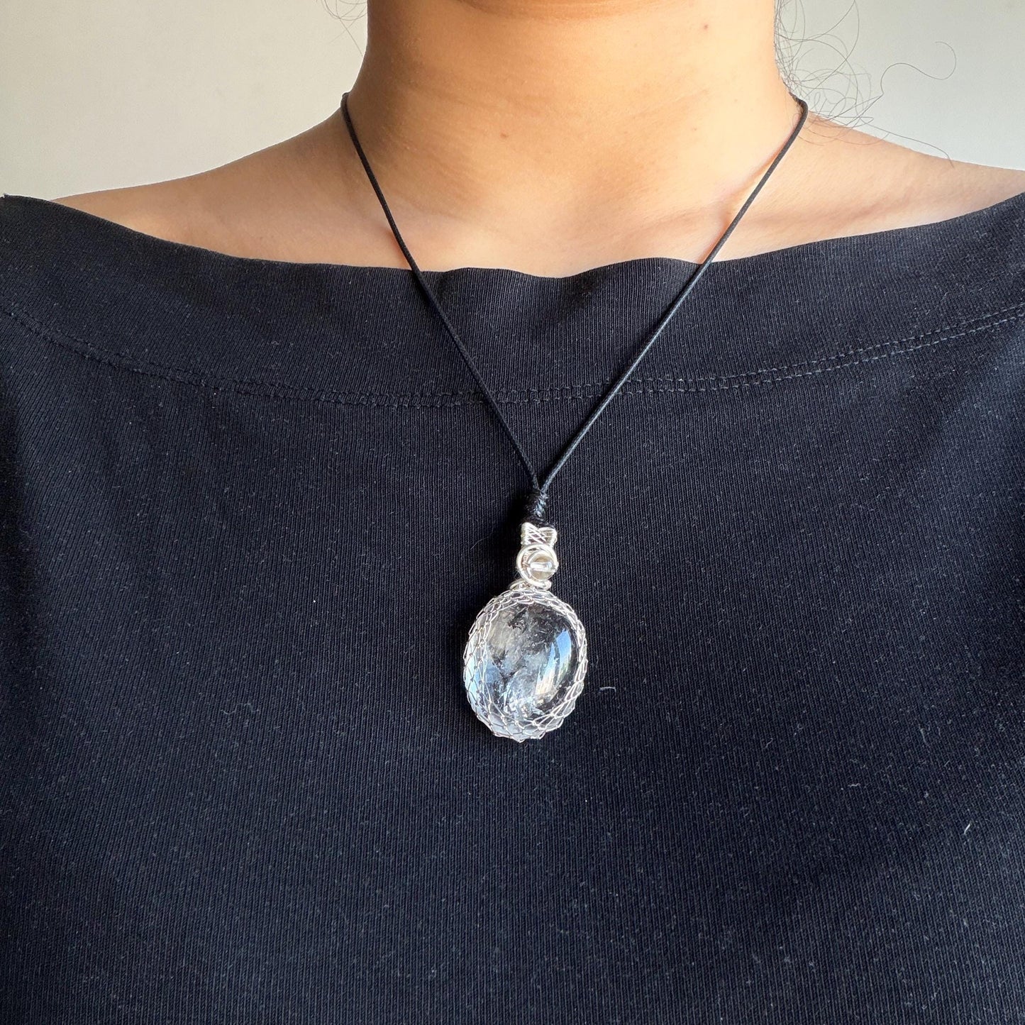 Polished Rainbow Enhydro Quartz (Herkimer Diamond) Wire Wrapped Pendant Adjustable Necklace: Moving Sand & Water Bubble Inclusion Crystal | Natural Gemstone Birthstone Gift for her men necklace chakra crystal purify stone minerals specimen adjustable choker silver pendant inclusion crystal inclusion quartz jewelry rainbow quartz choker necklace enhydro crystal S925 silver pendant