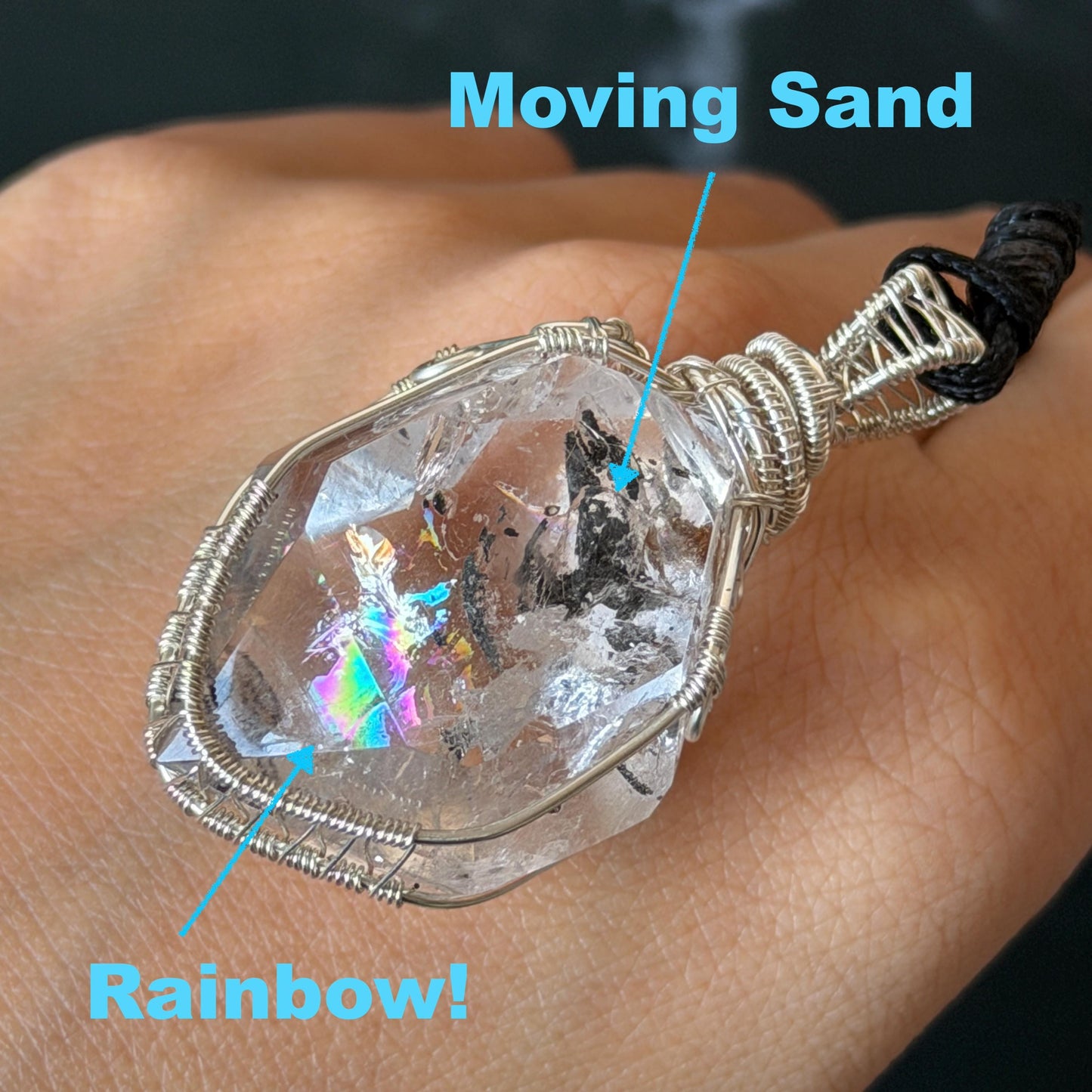 Polished Rainbow Enhydro Quartz (Herkimer Diamond) Wire Wrapped Pendant Adjustable Necklace: Moving Sand Inclusion Crystal | Natural Gemstone Birthstone Gift for her men necklace chakra crystal purify stone minerals specimen adjustable choker silver pendant inclusion crystal inclusion quartz jewelry rainbow quartz choker necklace enhydro crystal