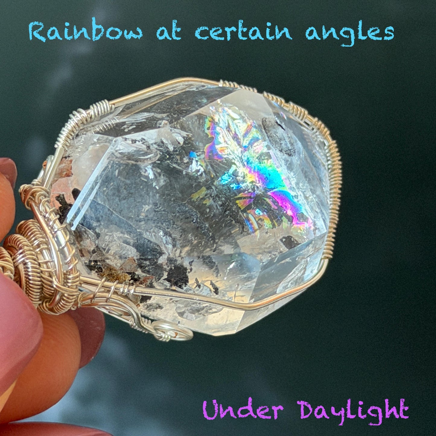 Polished Rainbow Enhydro Quartz (Herkimer Diamond) Wire Wrapped Pendant Adjustable Necklace: Moving Sand Inclusion Crystal | Natural Gemstone Birthstone Gift for her men necklace chakra crystal purify stone minerals specimen adjustable choker silver pendant inclusion crystal inclusion quartz jewelry rainbow quartz choker necklace enhydro crystal
