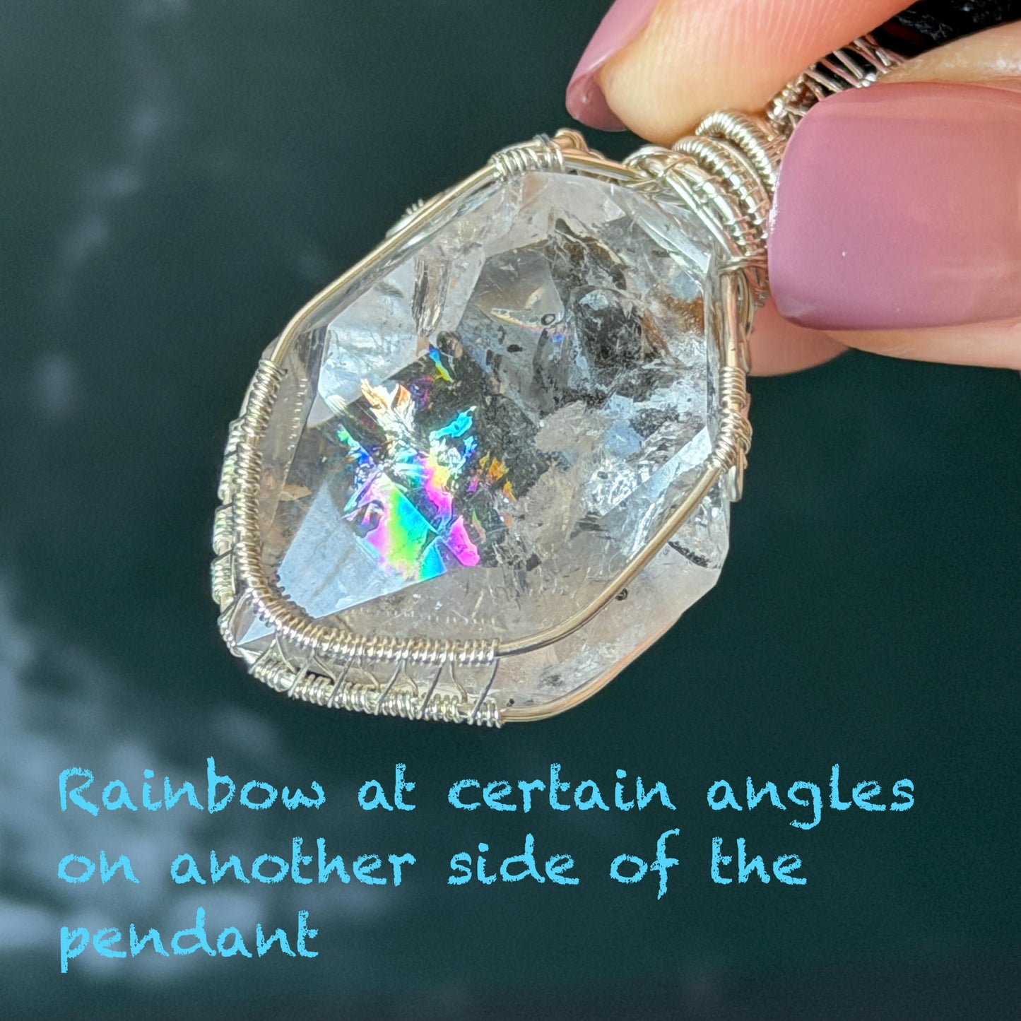 Polished Rainbow Enhydro Quartz (Herkimer Diamond) Wire Wrapped Pendant Adjustable Necklace: Moving Sand Inclusion Crystal | Natural Gemstone Birthstone Gift for her men necklace chakra crystal purify stone minerals specimen adjustable choker silver pendant inclusion crystal inclusion quartz jewelry rainbow quartz choker necklace enhydro crystal