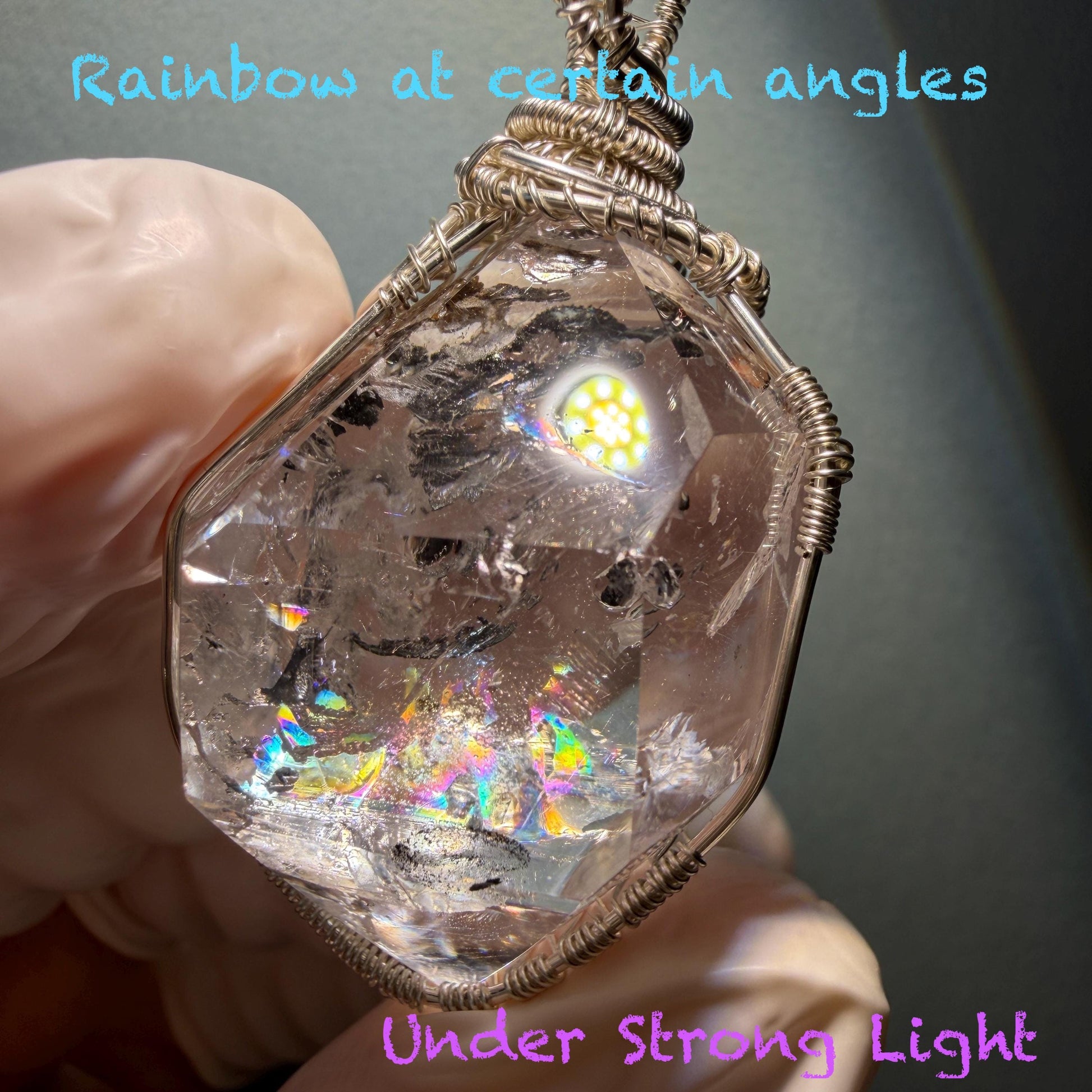 Polished Rainbow Enhydro Quartz (Herkimer Diamond) Wire Wrapped Pendant Adjustable Necklace: Moving Sand Inclusion Crystal | Natural Gemstone Birthstone Gift for her men necklace chakra crystal purify stone minerals specimen adjustable choker silver pendant inclusion crystal inclusion quartz jewelry rainbow quartz choker necklace enhydro crystal