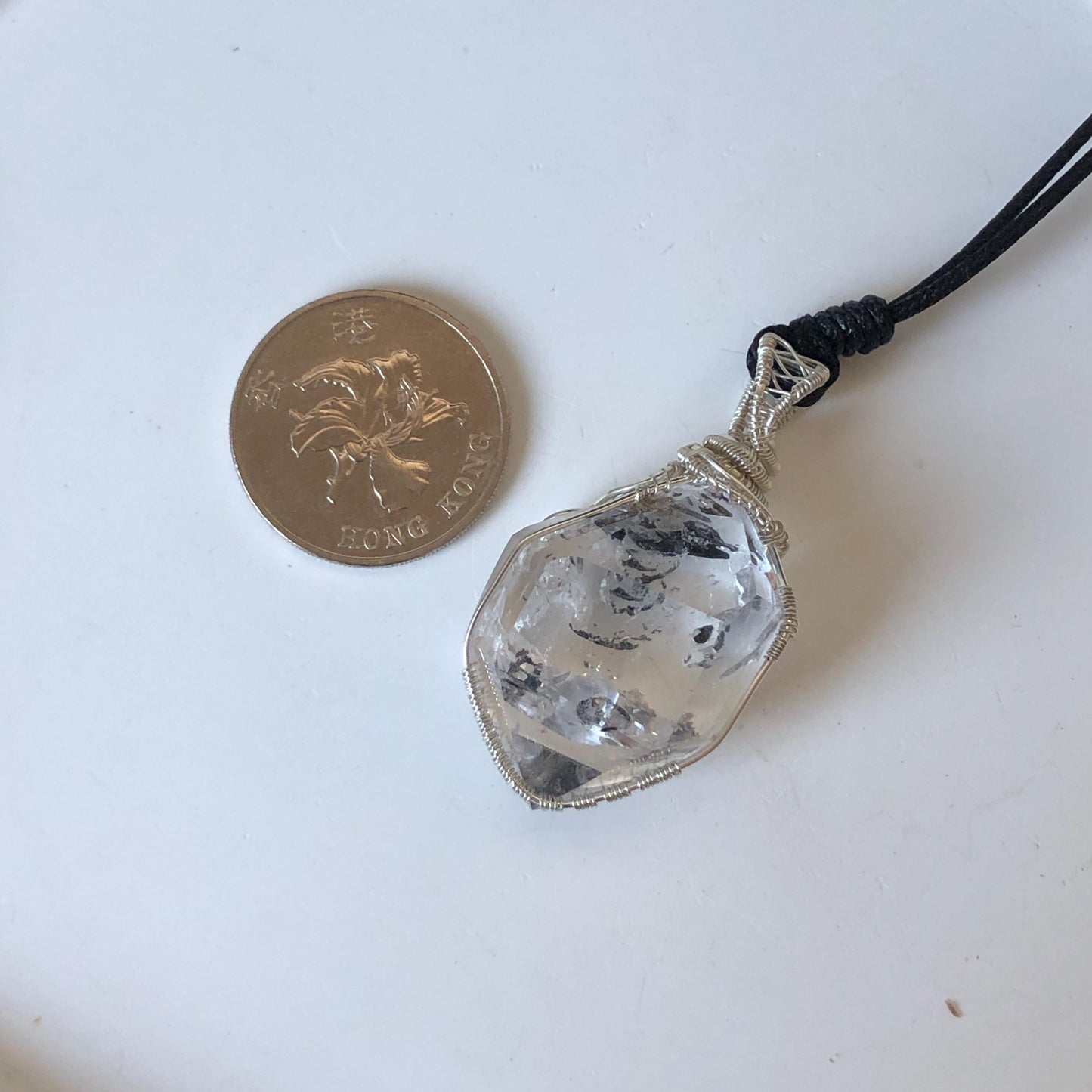 Polished Rainbow Enhydro Quartz (Herkimer Diamond) Wire Wrapped Pendant Adjustable Necklace: Moving Sand Inclusion Crystal | Natural Gemstone Birthstone Gift for her men necklace chakra crystal purify stone minerals specimen adjustable choker silver pendant inclusion crystal inclusion quartz jewelry rainbow quartz choker necklace enhydro crystal