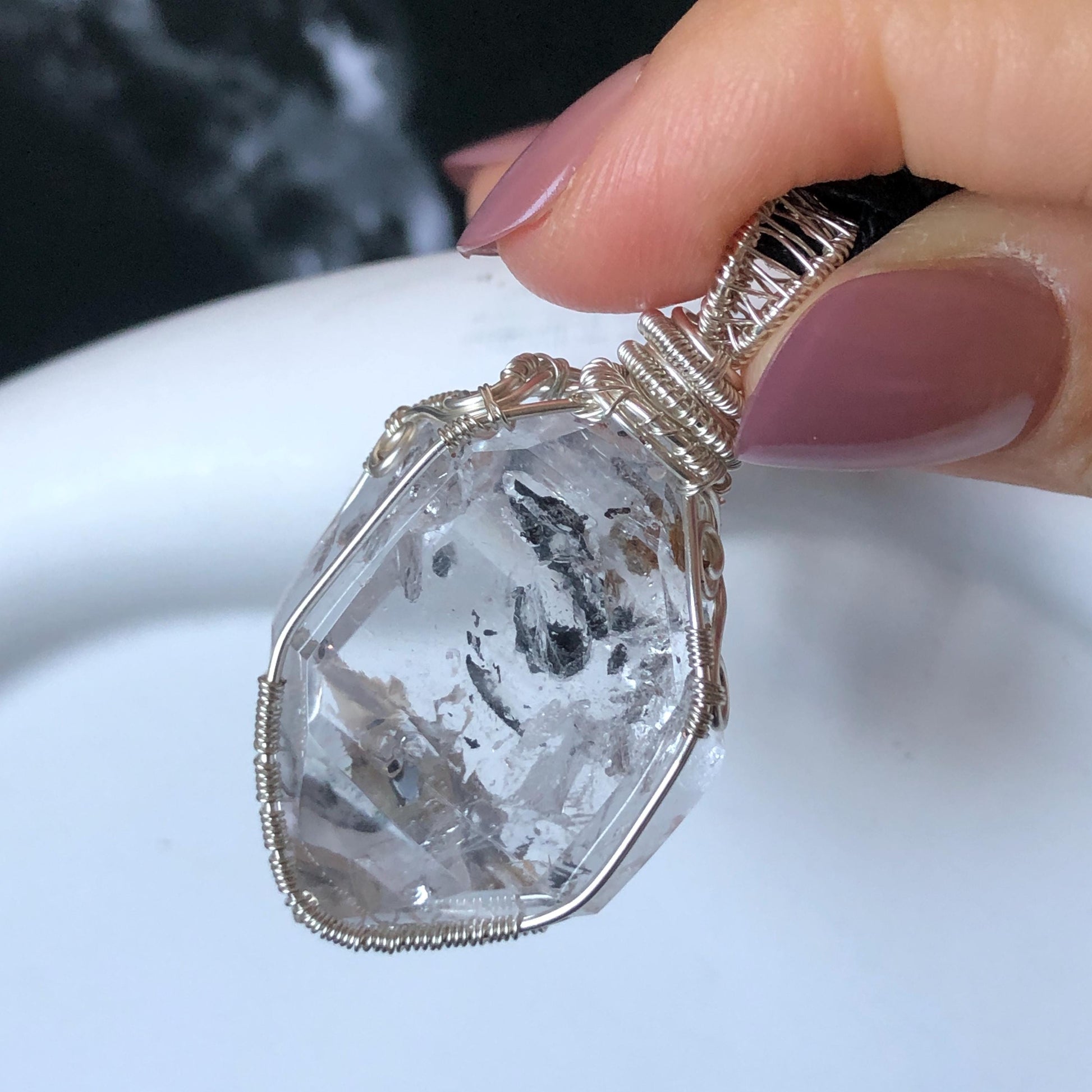 Polished Rainbow Enhydro Quartz (Herkimer Diamond) Wire Wrapped Pendant Adjustable Necklace: Moving Sand Inclusion Crystal | Natural Gemstone Birthstone Gift for her men necklace chakra crystal purify stone minerals specimen adjustable choker silver pendant inclusion crystal inclusion quartz jewelry rainbow quartz choker necklace enhydro crystal