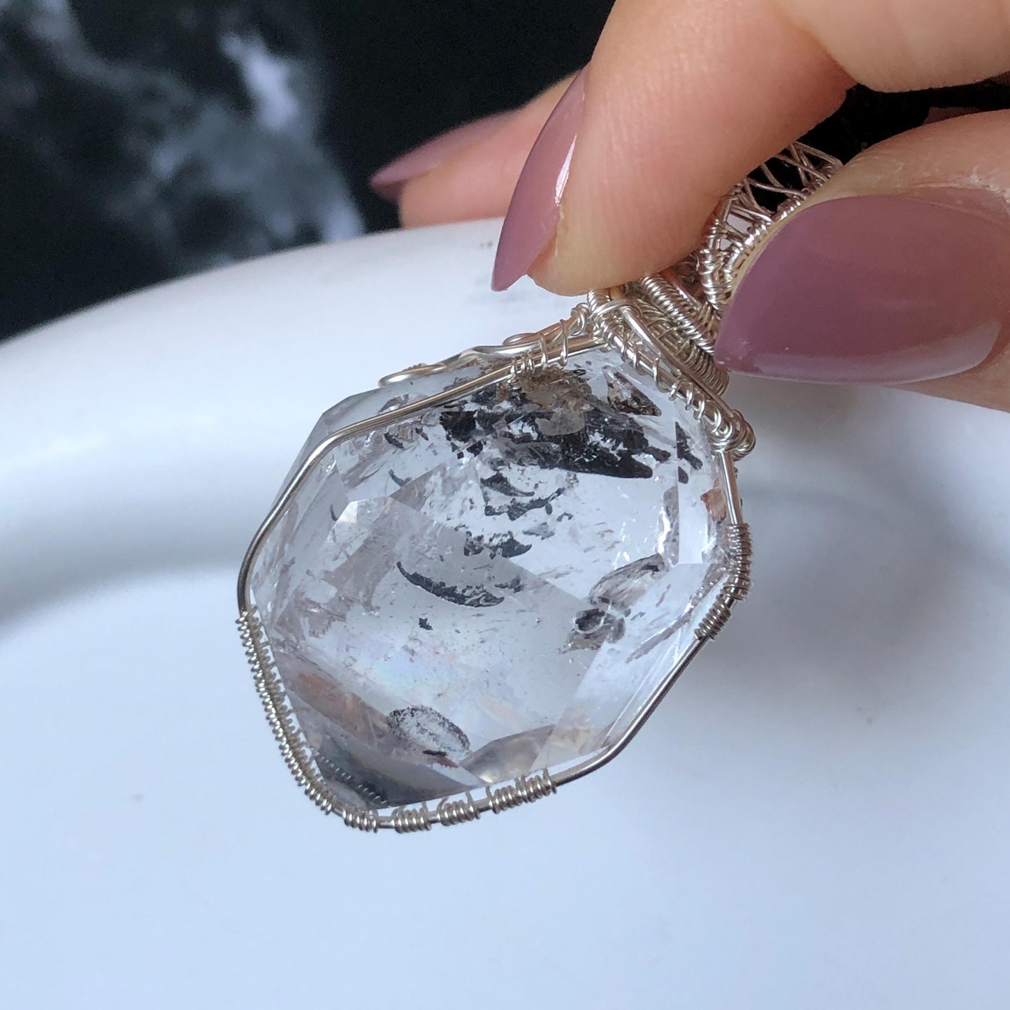 Polished Rainbow Enhydro Quartz (Herkimer Diamond) Wire Wrapped Pendant Adjustable Necklace: Moving Sand Inclusion Crystal | Natural Gemstone Birthstone Gift for her men necklace chakra crystal purify stone minerals specimen adjustable choker silver pendant inclusion crystal inclusion quartz jewelry rainbow quartz choker necklace enhydro crystal