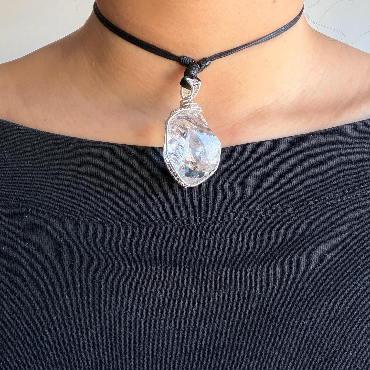 Polished Rainbow Enhydro Quartz (Herkimer Diamond) Wire Wrapped Pendant Adjustable Necklace: Moving Sand Inclusion Crystal | Natural Gemstone Birthstone Gift for her men necklace chakra crystal purify stone minerals specimen adjustable choker silver pendant inclusion crystal inclusion quartz jewelry rainbow quartz choker necklace enhydro crystal