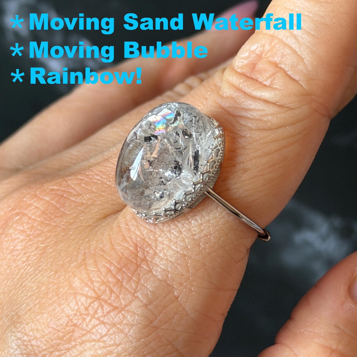 Polished Enhydro Quartz (Herkimer Diamond) S925 Silver Adjustable Ring: Rainbow! Moving Sand Waterfall and Black Bubble Inclusion Crystal Statement Ring for Women ring crystal band ring crystal cocktail ring crystal stackable ring 7 chakra crystal ring meditation crystal healing stone birthstone silver ring ring for men rainbow quartz inclusion quartz inclusion crystal minerals specimen silver ring free size ring adjustable ring holder