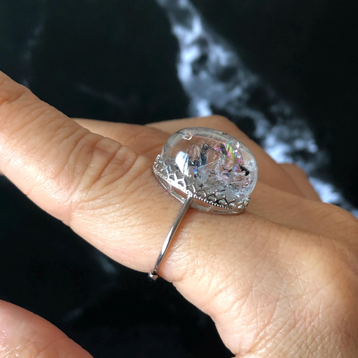 Polished Enhydro Quartz (Herkimer Diamond) S925 Silver Adjustable Ring: Rainbow! Moving Sand Waterfall and Black Bubble Inclusion Crystal Statement Ring for Women ring crystal band ring crystal cocktail ring crystal stackable ring 7 chakra crystal ring meditation crystal healing stone birthstone silver ring ring for men rainbow quartz inclusion quartz inclusion crystal minerals specimen silver ring free size ring adjustable ring holder