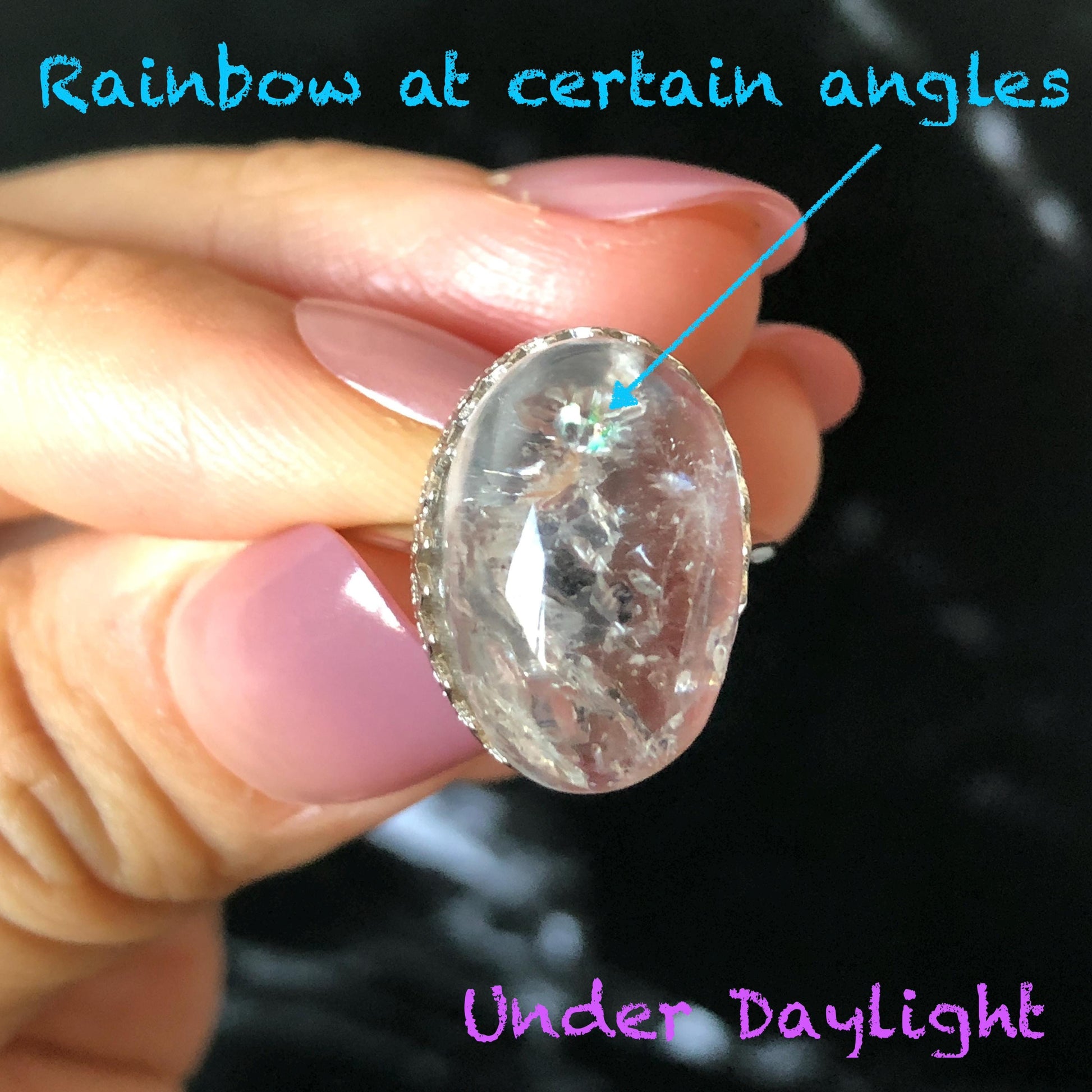 Polished Enhydro Quartz (Herkimer Diamond) S925 Silver Adjustable Ring: Rainbow! Moving Sand Waterfall and Black Bubble Inclusion Crystal Statement Ring for Women ring crystal band ring crystal cocktail ring crystal stackable ring 7 chakra crystal ring meditation crystal healing stone birthstone silver ring ring for men rainbow quartz inclusion quartz inclusion crystal minerals specimen silver ring free size ring adjustable ring holder