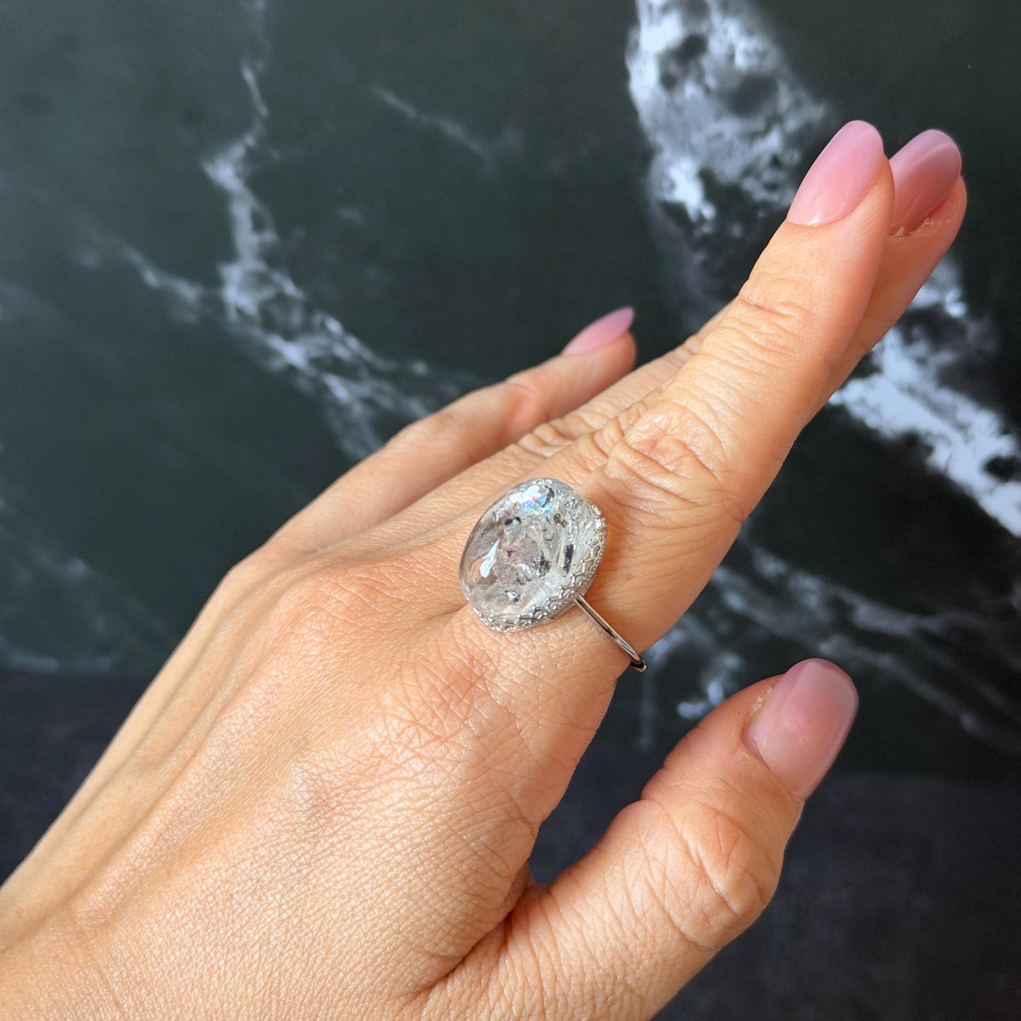 Polished Enhydro Quartz (Herkimer Diamond) S925 Silver Adjustable Ring: Rainbow! Moving Sand Waterfall and Black Bubble Inclusion Crystal Statement Ring for Women ring crystal band ring crystal cocktail ring crystal stackable ring 7 chakra crystal ring meditation crystal healing stone birthstone silver ring ring for men rainbow quartz inclusion quartz inclusion crystal minerals specimen silver ring free size ring adjustable ring holder