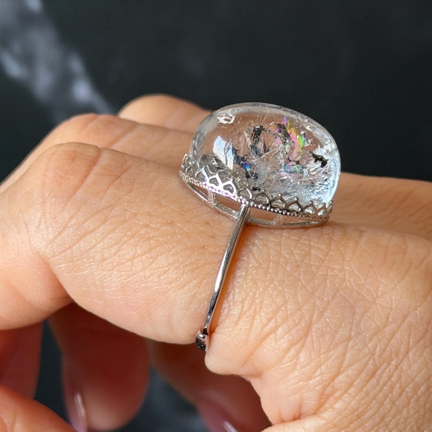 Polished Enhydro Quartz (Herkimer Diamond) S925 Silver Adjustable Ring: Rainbow! Moving Sand Waterfall and Black Bubble Inclusion Crystal Statement Ring for Women ring crystal band ring crystal cocktail ring crystal stackable ring 7 chakra crystal ring meditation crystal healing stone birthstone silver ring ring for men rainbow quartz inclusion quartz inclusion crystal minerals specimen silver ring free size ring adjustable ring holder