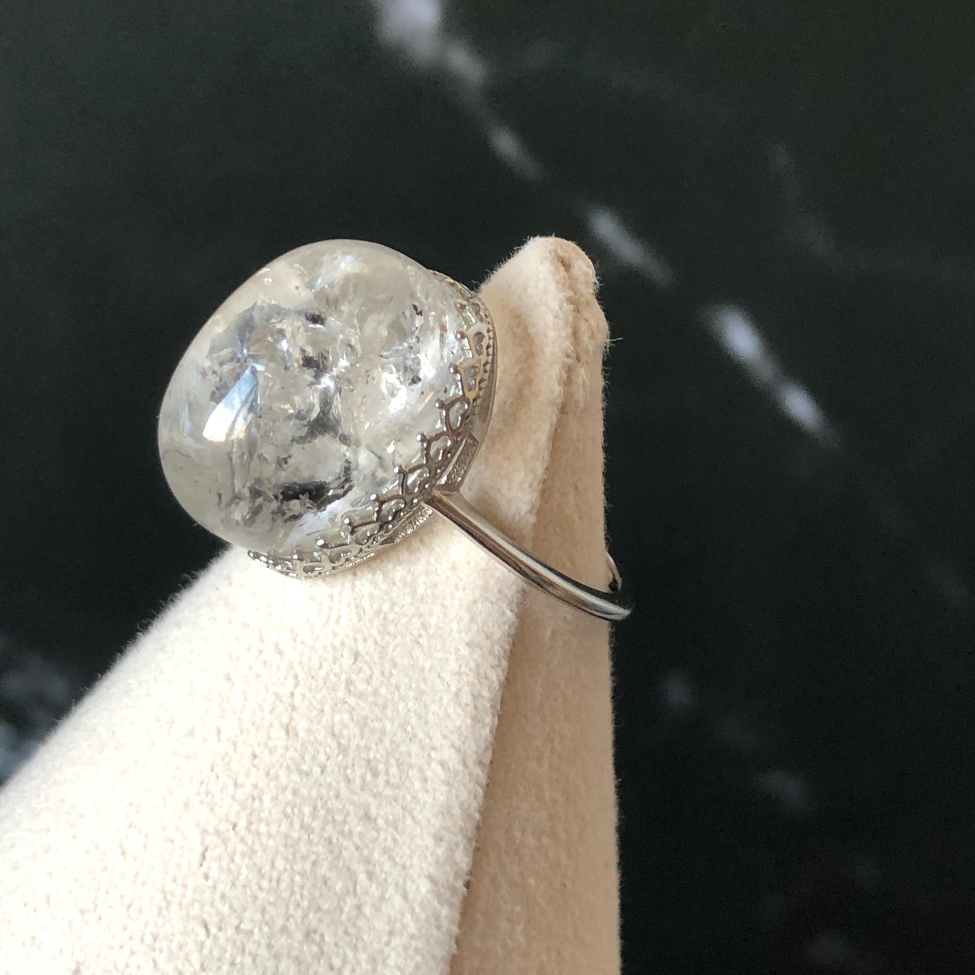 Polished Enhydro Quartz (Herkimer Diamond) S925 Silver Adjustable Ring: Rainbow! Moving Sand Waterfall and Black Bubble Inclusion Crystal Statement Ring for Women ring crystal band ring crystal cocktail ring crystal stackable ring 7 chakra crystal ring meditation crystal healing stone birthstone silver ring ring for men rainbow quartz inclusion quartz inclusion crystal minerals specimen silver ring free size ring adjustable ring holder