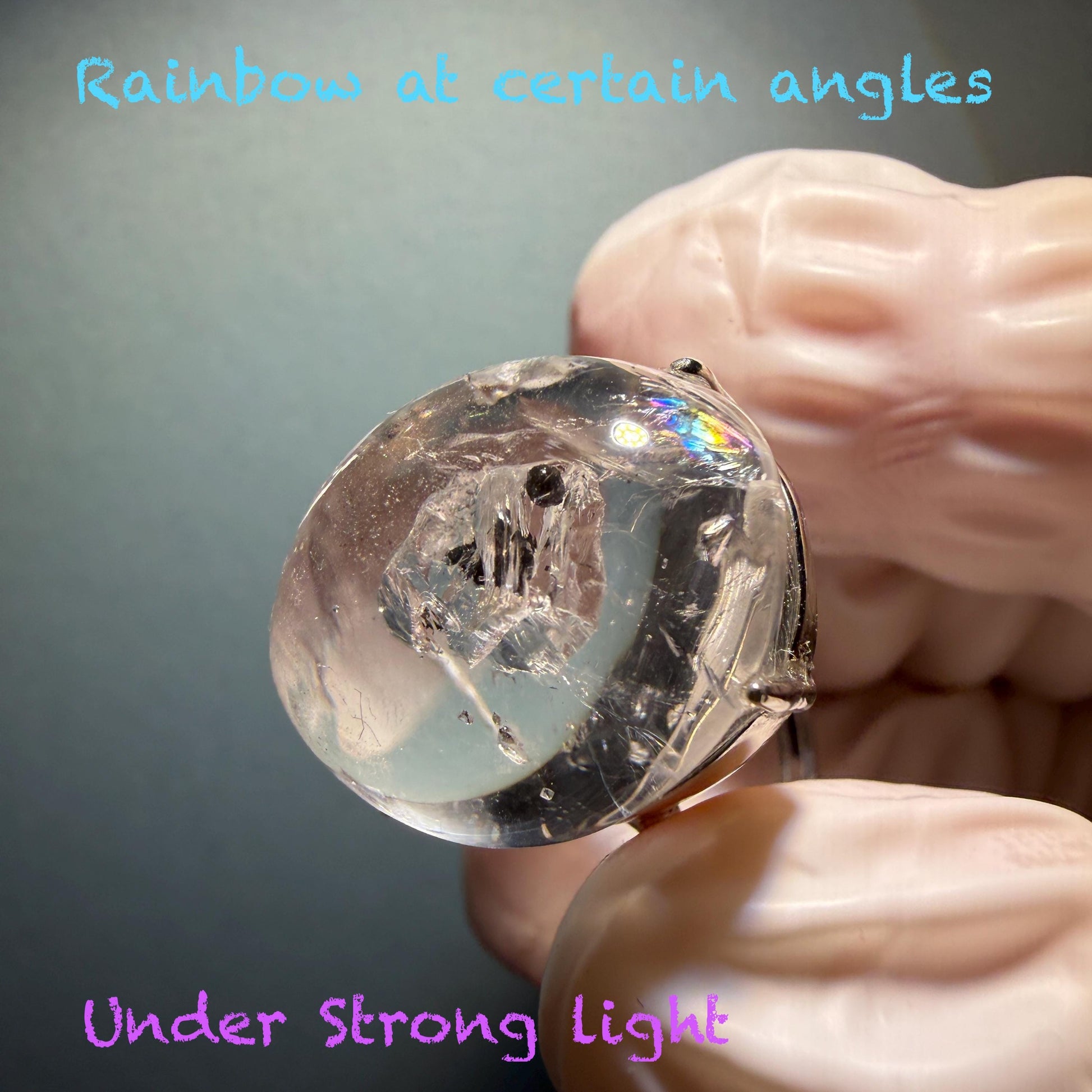 Polished Enhydro Quartz (Herkimer Diamond) S925 Silver Adjustable Ring: Mild Rainbow! Moving Sand and 2 Black Bubble Inclusion Crystal Statement Ring for Women ring crystal band ring crystal cocktail ring crystal stackable ring 7 chakra crystal ring meditation crystal healing stone birthstone silver ring ring for men rainbow quartz inclusion quartz inclusion crystal minerals specimen silver ring free size ring adjustable ring holder