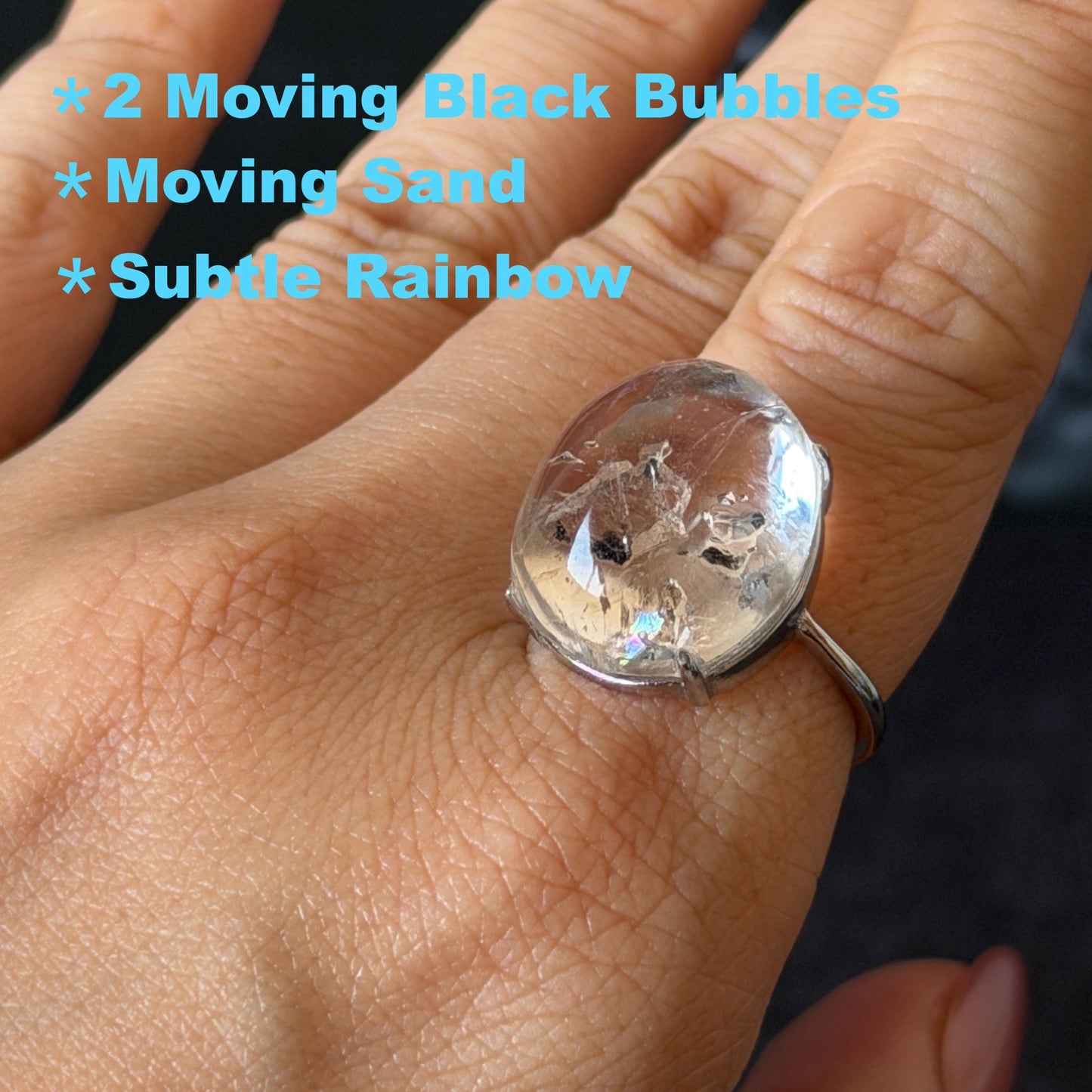 Polished Enhydro Quartz (Herkimer Diamond) S925 Silver Adjustable Ring: Mild Rainbow! Moving Sand and 2 Black Bubble Inclusion Crystal Statement Ring for Women ring crystal band ring crystal cocktail ring crystal stackable ring 7 chakra crystal ring meditation crystal healing stone birthstone silver ring ring for men rainbow quartz inclusion quartz inclusion crystal minerals specimen silver ring free size ring adjustable ring holder