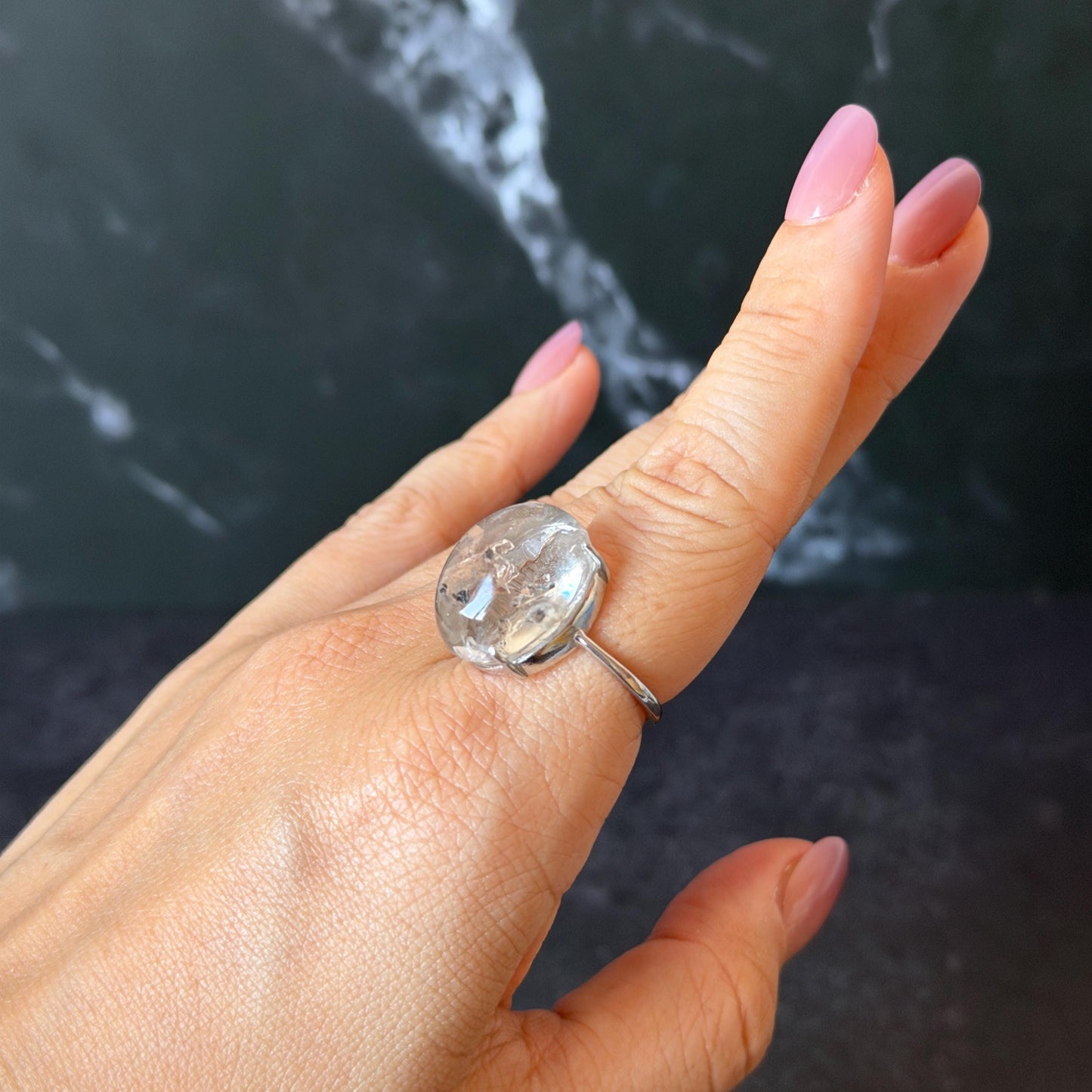 Polished Enhydro Quartz (Herkimer Diamond) S925 Silver Adjustable Ring: Mild Rainbow! Moving Sand and 2 Black Bubble Inclusion Crystal Statement Ring for Women ring crystal band ring crystal cocktail ring crystal stackable ring 7 chakra crystal ring meditation crystal healing stone birthstone silver ring ring for men rainbow quartz inclusion quartz inclusion crystal minerals specimen silver ring free size ring adjustable ring holder