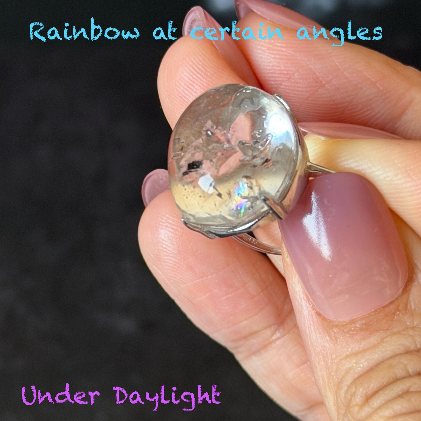 Polished Enhydro Quartz (Herkimer Diamond) S925 Silver Adjustable Ring: Mild Rainbow! Moving Sand and 2 Black Bubble Inclusion Crystal Statement Ring for Women ring crystal band ring crystal cocktail ring crystal stackable ring 7 chakra crystal ring meditation crystal healing stone birthstone silver ring ring for men rainbow quartz inclusion quartz inclusion crystal minerals specimen silver ring free size ring adjustable ring holder