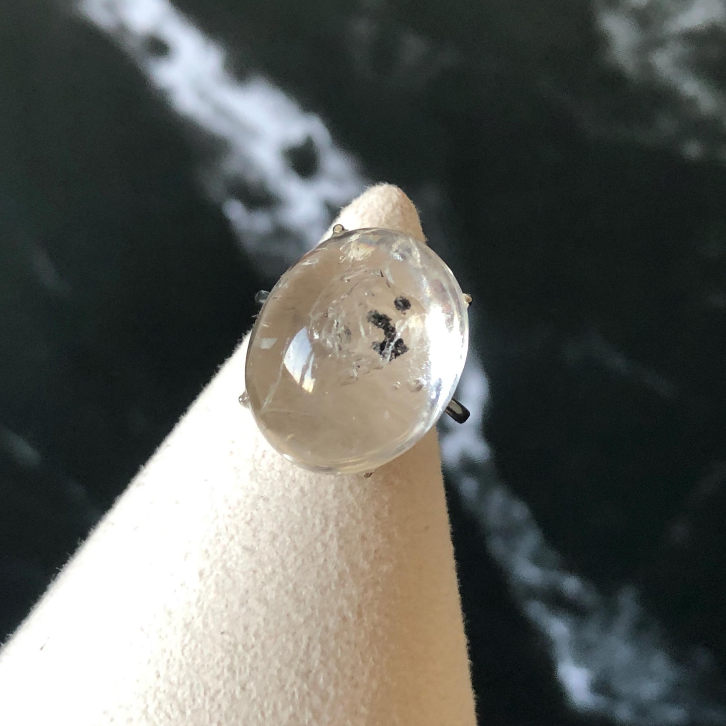 Polished Enhydro Quartz (Herkimer Diamond) S925 Silver Adjustable Ring: Mild Rainbow! Moving Sand and 2 Black Bubble Inclusion Crystal Statement Ring for Women ring crystal band ring crystal cocktail ring crystal stackable ring 7 chakra crystal ring meditation crystal healing stone birthstone silver ring ring for men rainbow quartz inclusion quartz inclusion crystal minerals specimen silver ring free size ring adjustable ring holder