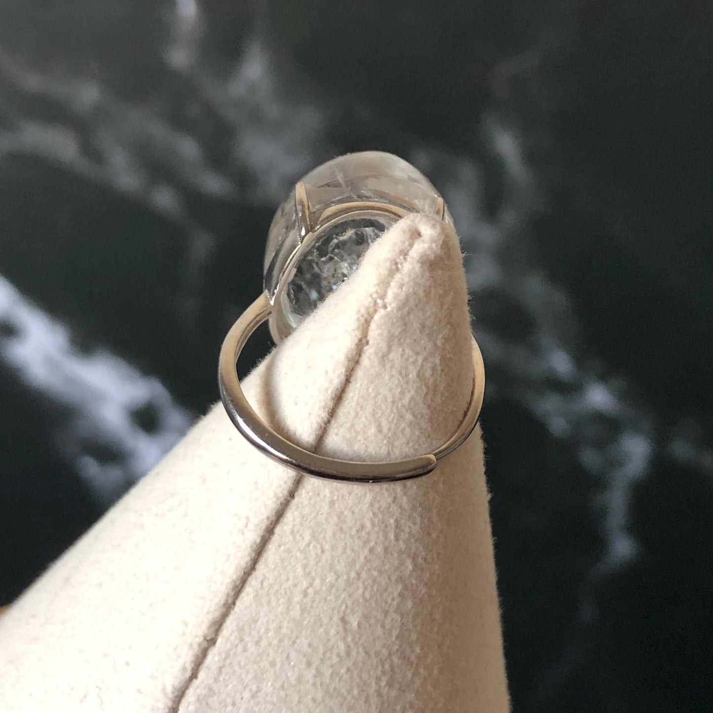 Polished Enhydro Quartz (Herkimer Diamond) S925 Silver Adjustable Ring: Mild Rainbow! Moving Sand and 2 Black Bubble Inclusion Crystal Statement Ring for Women ring crystal band ring crystal cocktail ring crystal stackable ring 7 chakra crystal ring meditation crystal healing stone birthstone silver ring ring for men rainbow quartz inclusion quartz inclusion crystal minerals specimen silver ring free size ring adjustable ring holder