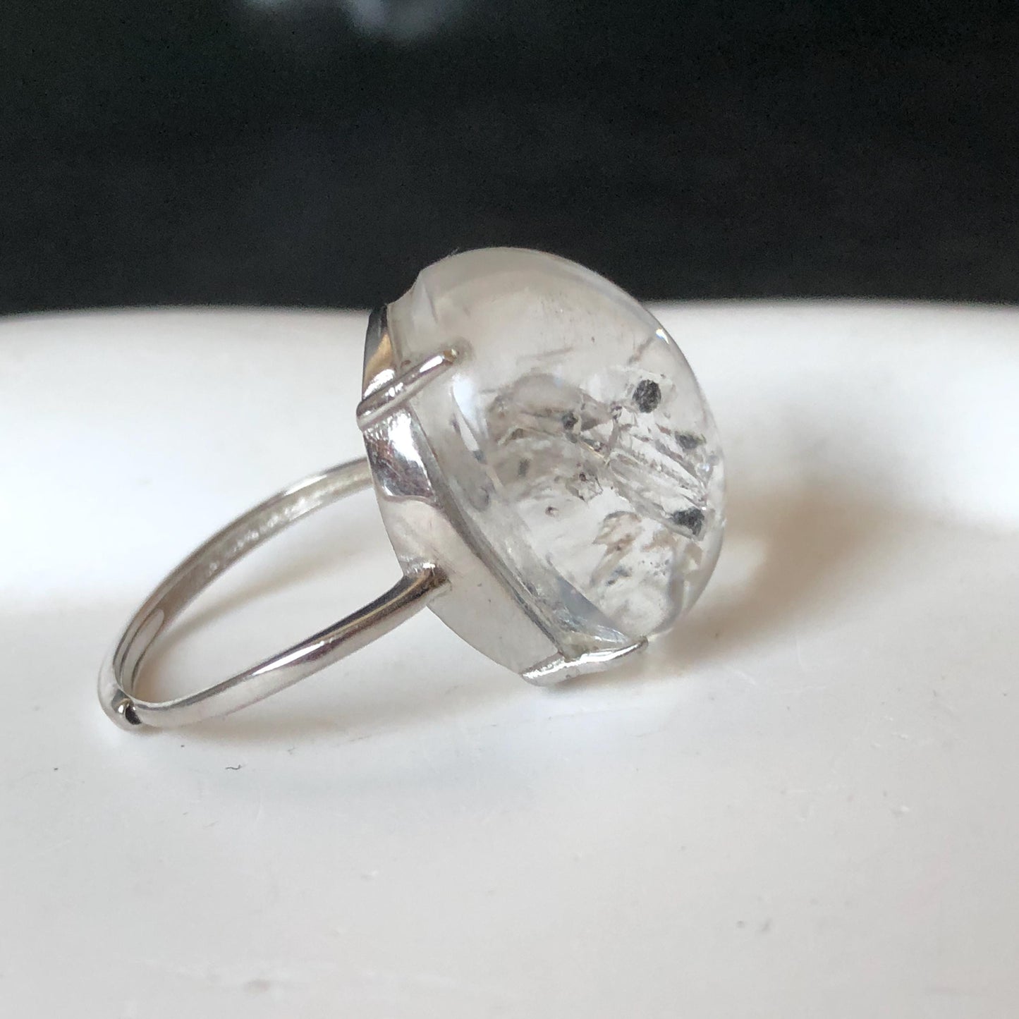 Polished Enhydro Quartz (Herkimer Diamond) S925 Silver Adjustable Ring: Mild Rainbow! Moving Sand and 2 Black Bubble Inclusion Crystal Statement Ring for Women ring crystal band ring crystal cocktail ring crystal stackable ring 7 chakra crystal ring meditation crystal healing stone birthstone silver ring ring for men rainbow quartz inclusion quartz inclusion crystal minerals specimen silver ring free size ring adjustable ring holder