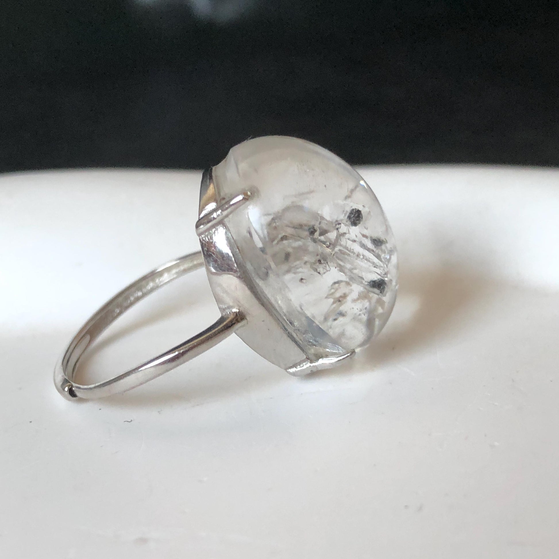 Polished Enhydro Quartz (Herkimer Diamond) S925 Silver Adjustable Ring: Mild Rainbow! Moving Sand and 2 Black Bubble Inclusion Crystal Statement Ring for Women ring crystal band ring crystal cocktail ring crystal stackable ring 7 chakra crystal ring meditation crystal healing stone birthstone silver ring ring for men rainbow quartz inclusion quartz inclusion crystal minerals specimen silver ring free size ring adjustable ring holder
