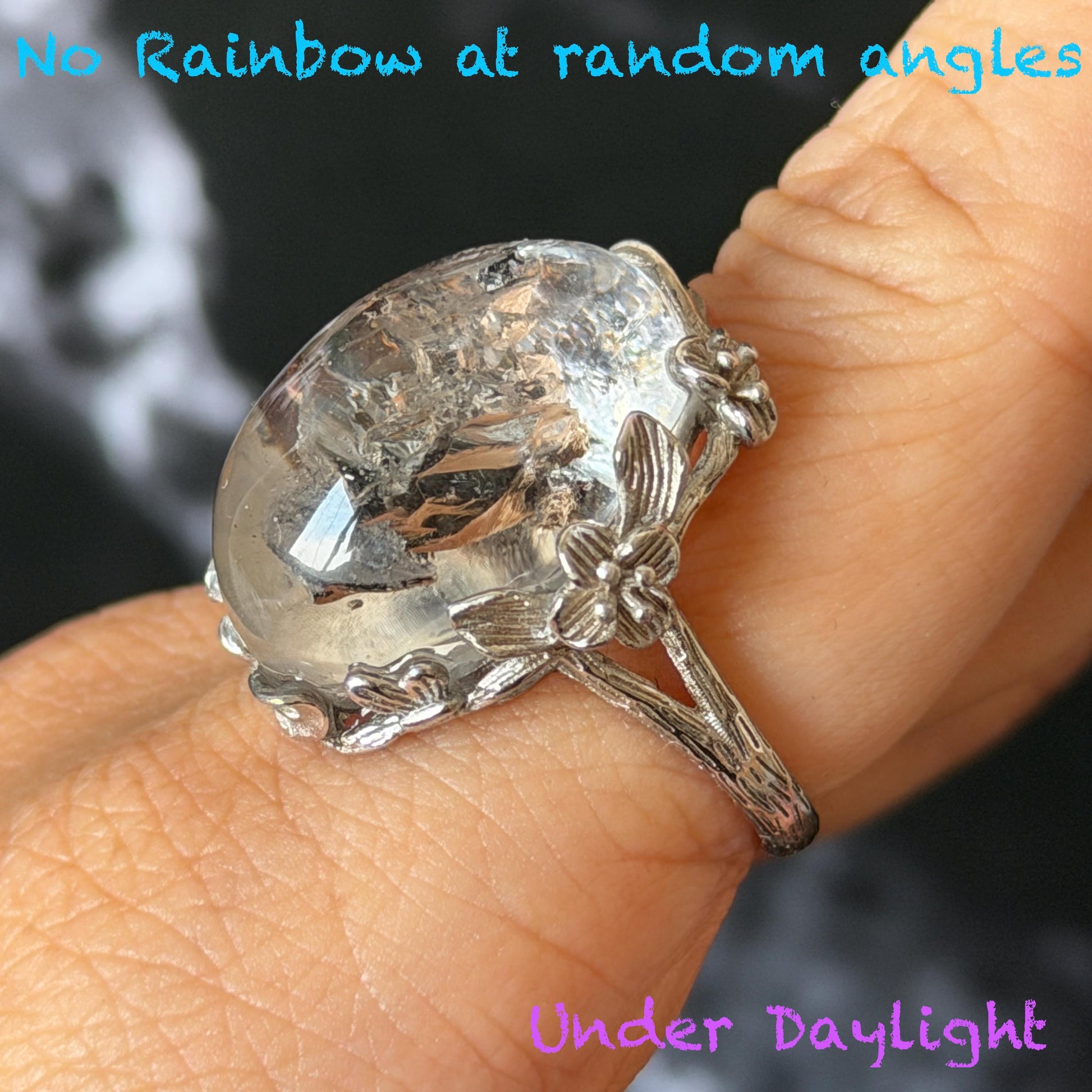 Polished Enhydro Quartz (Herkimer Diamond) S925 Silver Adjustable Ring: Rainbow! Moving Sand Waterfall and Multiple Bubble Inclusion Crystal Statement Ring for Women  ring crystal band ring crystal cocktail ring crystal stackable ring 7 chakra crystal ring meditation crystal healing stone birthstone silver ring ring for men rainbow quartz inclusion quartz inclusion crystal minerals specimen silver ring free size ring adjustable ring holder