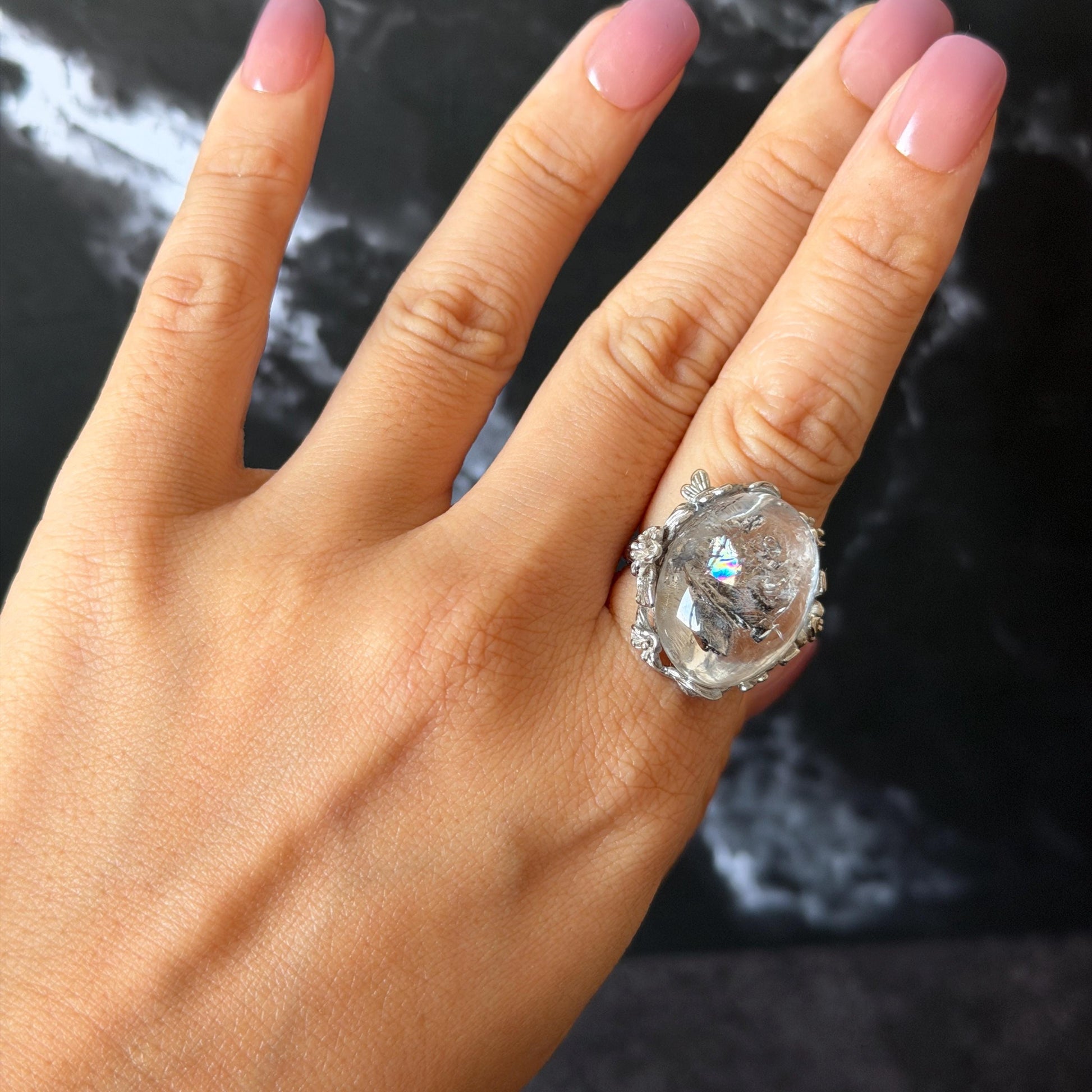 Polished Enhydro Quartz (Herkimer Diamond) S925 Silver Adjustable Ring: Rainbow! Moving Sand Waterfall and Multiple Bubble Inclusion Crystal Statement Ring for Women  ring crystal band ring crystal cocktail ring crystal stackable ring 7 chakra crystal ring meditation crystal healing stone birthstone silver ring ring for men rainbow quartz inclusion quartz inclusion crystal minerals specimen silver ring free size ring adjustable ring holder