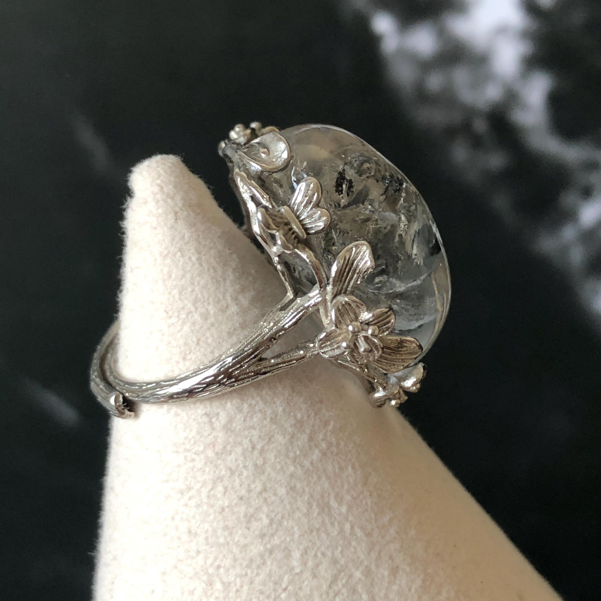 Polished Enhydro Quartz (Herkimer Diamond) S925 Silver Adjustable Ring: Rainbow! Moving Sand Waterfall and Multiple Bubble Inclusion Crystal Statement Ring for Women  ring crystal band ring crystal cocktail ring crystal stackable ring 7 chakra crystal ring meditation crystal healing stone birthstone silver ring ring for men rainbow quartz inclusion quartz inclusion crystal minerals specimen silver ring free size ring adjustable ring holder