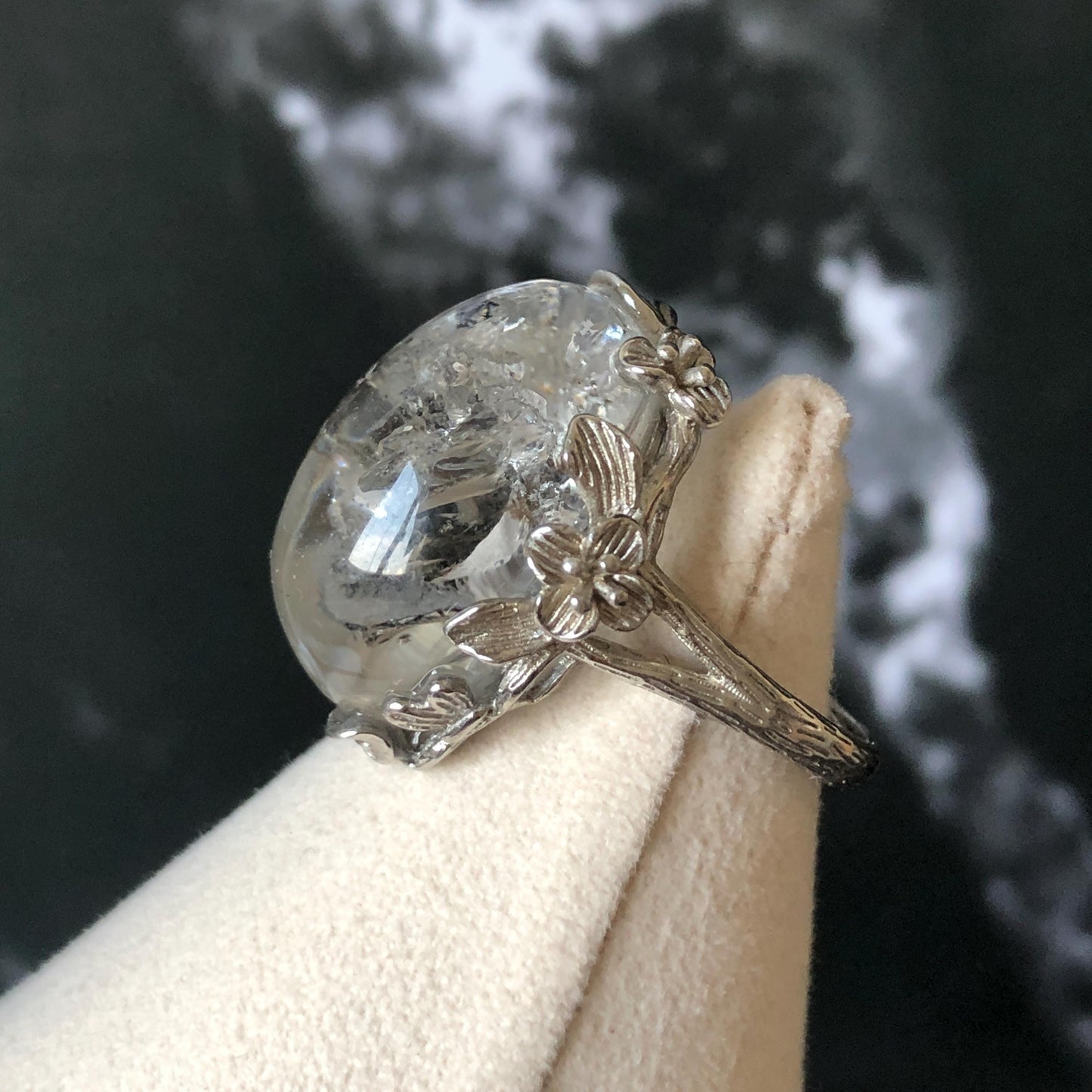 Polished Enhydro Quartz (Herkimer Diamond) S925 Silver Adjustable Ring: Rainbow! Moving Sand Waterfall and Multiple Bubble Inclusion Crystal Statement Ring for Women  ring crystal band ring crystal cocktail ring crystal stackable ring 7 chakra crystal ring meditation crystal healing stone birthstone silver ring ring for men rainbow quartz inclusion quartz inclusion crystal minerals specimen silver ring free size ring adjustable ring holder