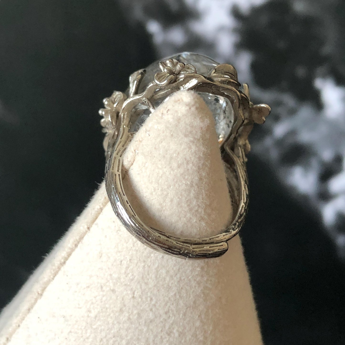 Polished Enhydro Quartz (Herkimer Diamond) S925 Silver Adjustable Ring: Rainbow! Moving Sand Waterfall and Multiple Bubble Inclusion Crystal Statement Ring for Women  ring crystal band ring crystal cocktail ring crystal stackable ring 7 chakra crystal ring meditation crystal healing stone birthstone silver ring ring for men rainbow quartz inclusion quartz inclusion crystal minerals specimen silver ring free size ring adjustable ring holder