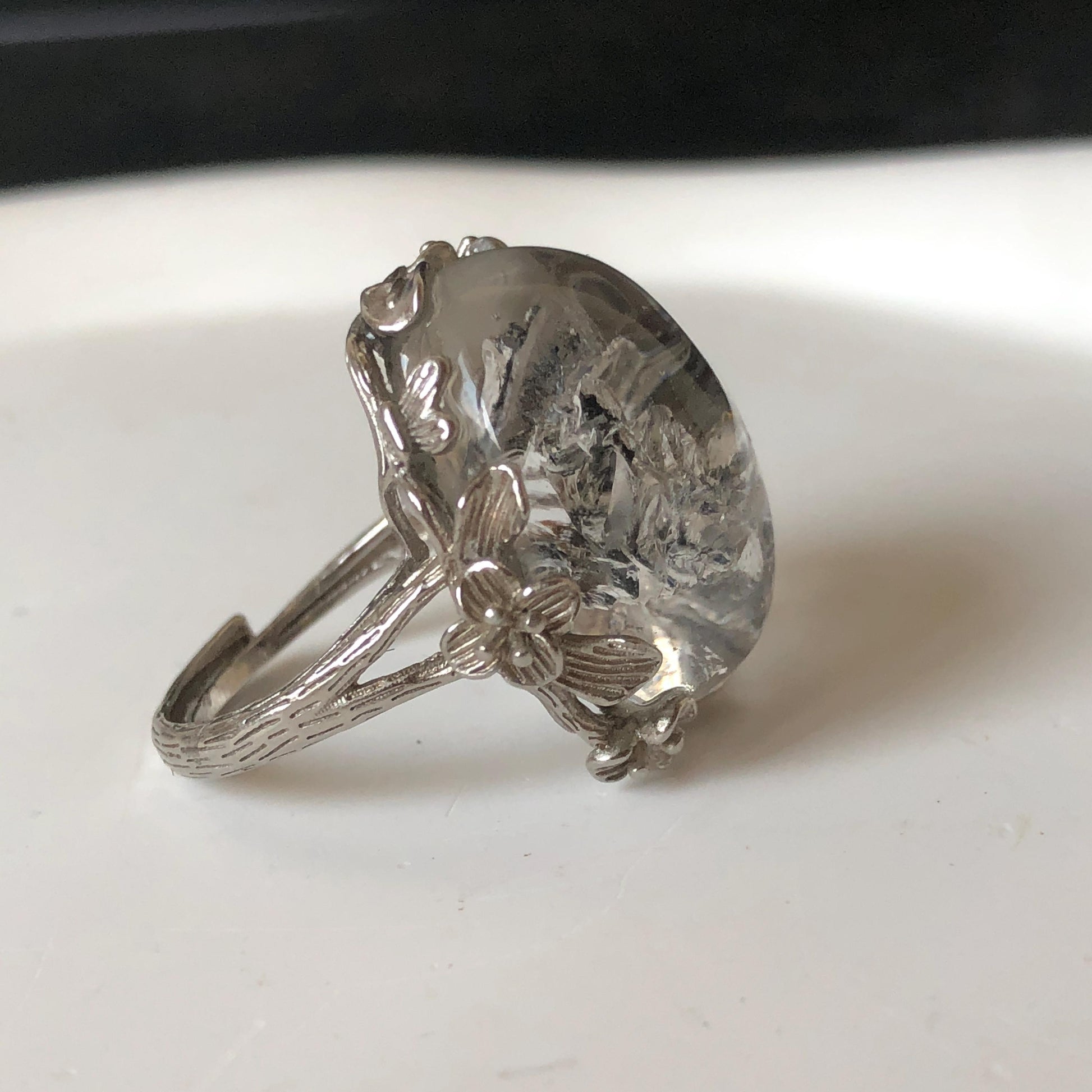 Polished Enhydro Quartz (Herkimer Diamond) S925 Silver Adjustable Ring: Rainbow! Moving Sand Waterfall and Multiple Bubble Inclusion Crystal Statement Ring for Women  ring crystal band ring crystal cocktail ring crystal stackable ring 7 chakra crystal ring meditation crystal healing stone birthstone silver ring ring for men rainbow quartz inclusion quartz inclusion crystal minerals specimen silver ring free size ring adjustable ring holder