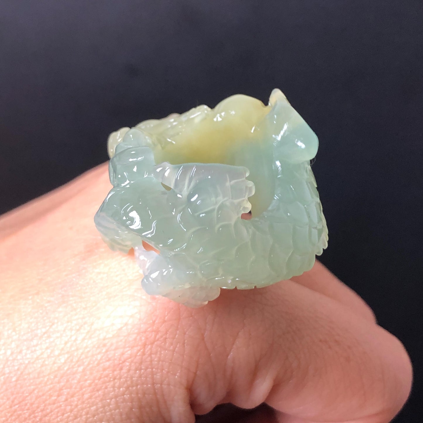 Custom Size Natural Xiu Jade Serpentine Hand Carved Green Dragon Ring 18.6mm (US 8-8.25):  Natural Jade Statement Ring for Men & Women | Crystal Stone Gemstone Ring green jade carving yellow jade bi colour jade dragon carving hand engraved statement ring hand carved flower natural untreated jade handcrafted jade ring hallow out style 3D carving Stone carving Gemstone Carving dragon Lover gift jade cocktail ring jade band ring thumb ring customized ring customised ring make to order tailor made