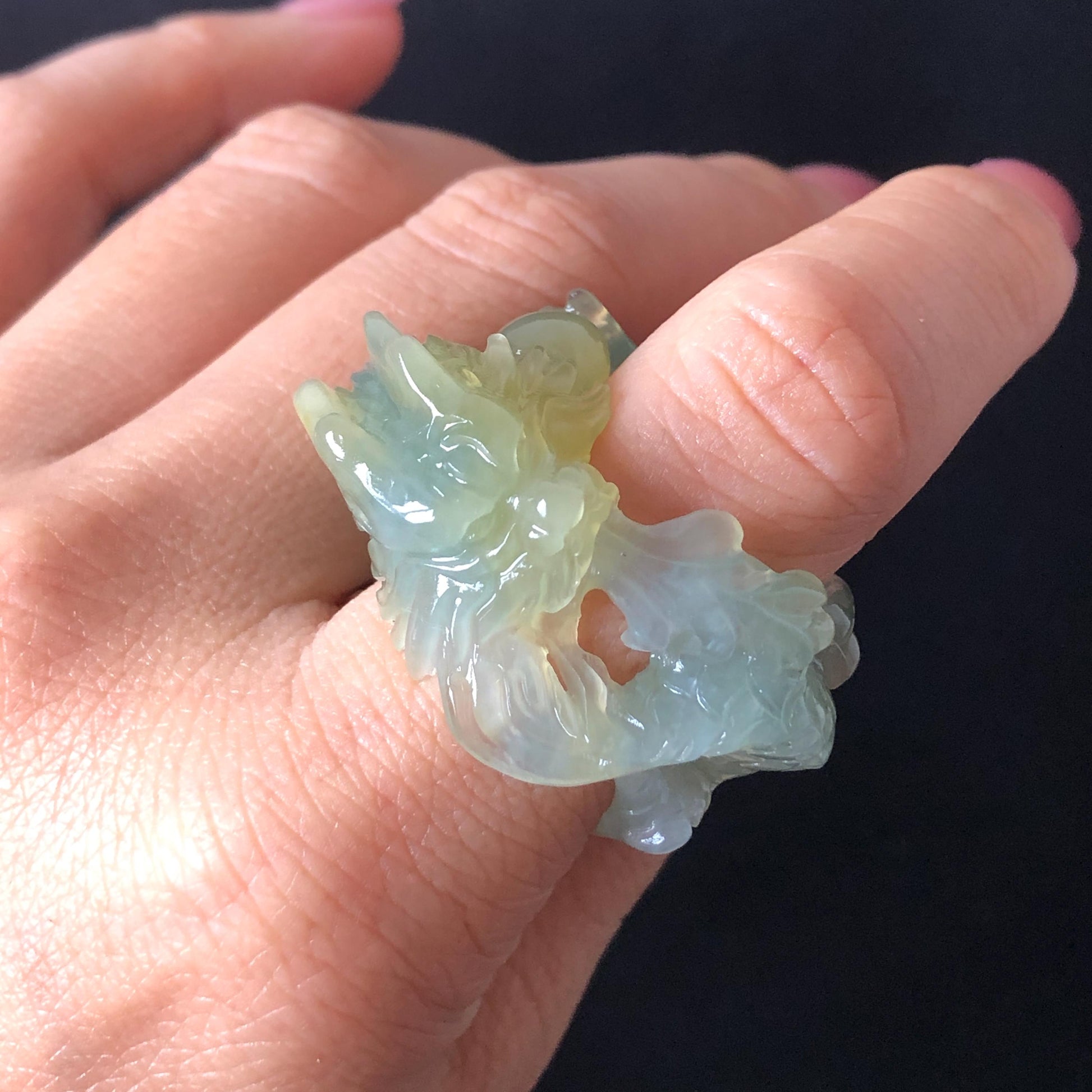 Custom Size Natural Xiu Jade Serpentine Hand Carved Green Dragon Ring 18.6mm (US 8-8.25):  Natural Jade Statement Ring for Men & Women | Crystal Stone Gemstone Ring green jade carving yellow jade bi colour jade dragon carving hand engraved statement ring hand carved flower natural untreated jade handcrafted jade ring hallow out style 3D carving Stone carving Gemstone Carving dragon Lover gift jade cocktail ring jade band ring thumb ring customized ring customised ring make to order tailor made