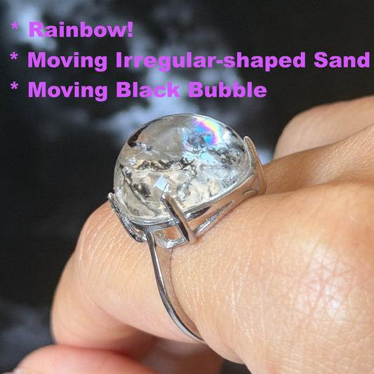 Polished Enhydro Quartz (Herkimer Diamond) S925 Silver Adjustable Ring: Rainbow! Moving Irregular-Shaped Sand and Black Bubble Inclusion Crystal Statement Ring for Women ring crystal band ring crystal cocktail ring crystal stackable ring 7 chakra crystal ring meditation crystal healing stone birthstone silver ring ring for men rainbow quartz inclusion quartz inclusion crystal minerals specimen silver ring free size ring adjustable ring holder