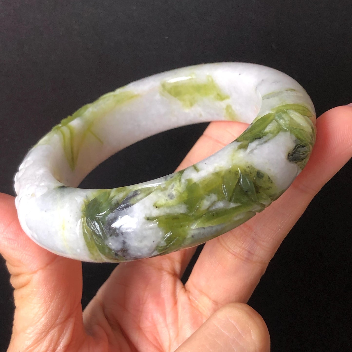 58.2mm Xiu Jade Serpentine Hand Carved Cat in Bamboo Forest Bangle: Natural White Green Bi-colour Jade Handcrafted Bracelet, Stone Carving Gemstone Jewelry Gift for her Green jade White Jade jade carving 3D stone carving cat bracelet kitten bracelet cat carving handcrafted bangle chinese jade cat lover gift natural untreated jade vintage bangle antique bracelet bamboo carving