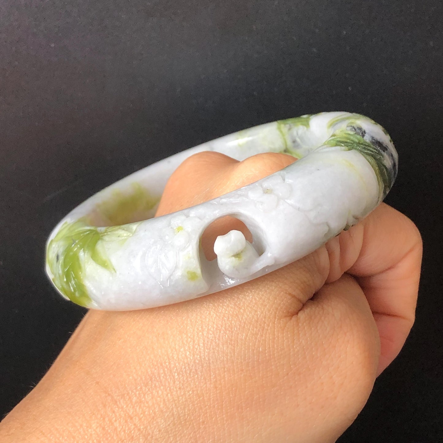 58.2mm Xiu Jade Serpentine Hand Carved Cat in Bamboo Forest Bangle: Natural White Green Bi-colour Jade Handcrafted Bracelet, Stone Carving Gemstone Jewelry Gift for her Green jade White Jade jade carving 3D stone carving cat bracelet kitten bracelet cat carving handcrafted bangle chinese jade cat lover gift natural untreated jade vintage bangle antique bracelet bamboo carving