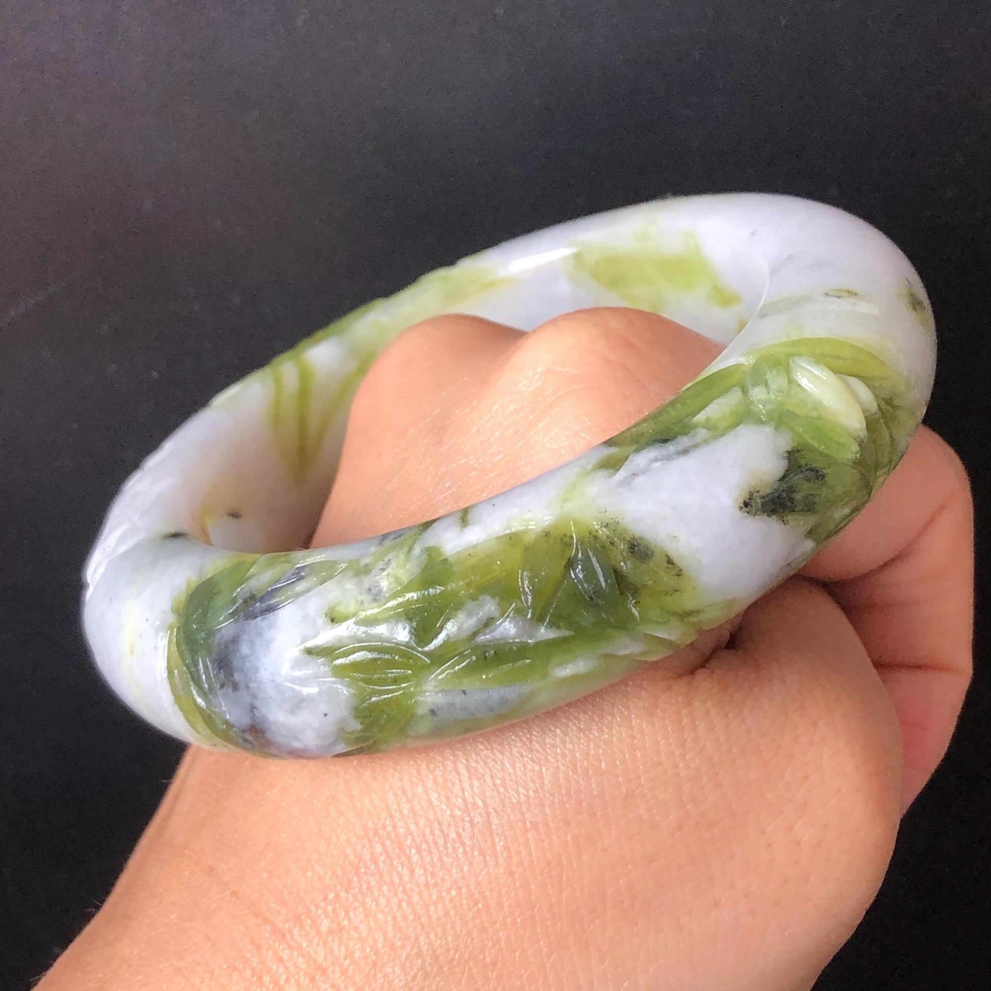 58.2mm Xiu Jade Serpentine Hand Carved Cat in Bamboo Forest Bangle: Natural White Green Bi-colour Jade Handcrafted Bracelet, Stone Carving Gemstone Jewelry Gift for her Green jade White Jade jade carving 3D stone carving cat bracelet kitten bracelet cat carving handcrafted bangle chinese jade cat lover gift natural untreated jade vintage bangle antique bracelet bamboo carving