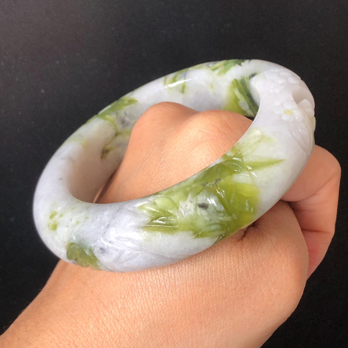 58.2mm Xiu Jade Serpentine Hand Carved Cat in Bamboo Forest Bangle: Natural White Green Bi-colour Jade Handcrafted Bracelet, Stone Carving Gemstone Jewelry Gift for her Green jade White Jade jade carving 3D stone carving cat bracelet kitten bracelet cat carving handcrafted bangle chinese jade cat lover gift natural untreated jade vintage bangle antique bracelet bamboo carving