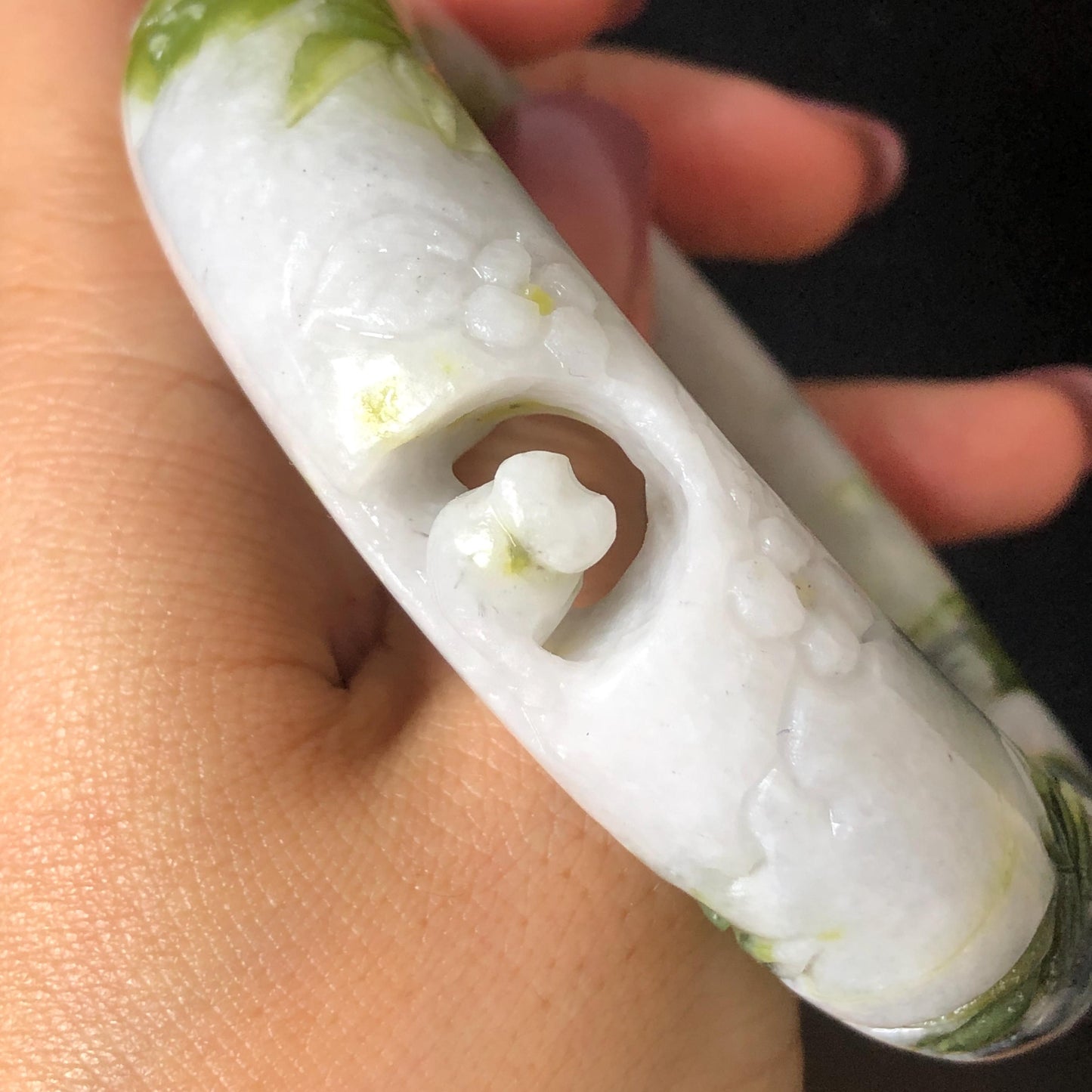58.2mm Xiu Jade Serpentine Hand Carved Cat in Bamboo Forest Bangle: Natural White Green Bi-colour Jade Handcrafted Bracelet, Stone Carving Gemstone Jewelry Gift for her Green jade White Jade jade carving 3D stone carving cat bracelet kitten bracelet cat carving handcrafted bangle chinese jade cat lover gift natural untreated jade vintage bangle antique bracelet bamboo carving