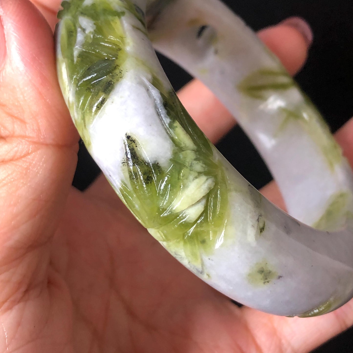 58.2mm Xiu Jade Serpentine Hand Carved Cat in Bamboo Forest Bangle: Natural White Green Bi-colour Jade Handcrafted Bracelet, Stone Carving Gemstone Jewelry Gift for her Green jade White Jade jade carving 3D stone carving cat bracelet kitten bracelet cat carving handcrafted bangle chinese jade cat lover gift natural untreated jade vintage bangle antique bracelet bamboo carving