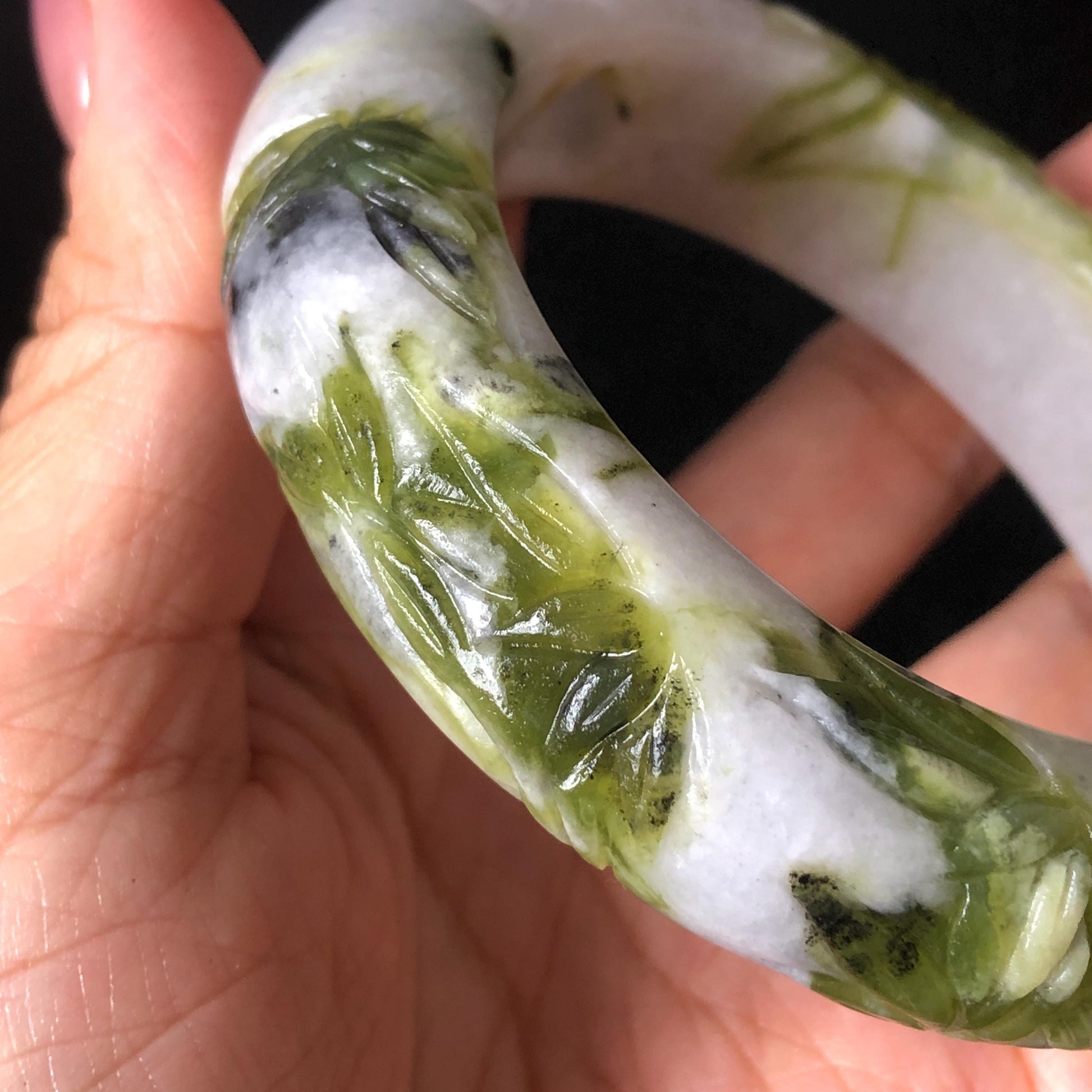 58.2mm Xiu Jade Serpentine Hand Carved Cat in Bamboo Forest Bangle: Natural White Green Bi-colour Jade Handcrafted Bracelet, Stone Carving Gemstone Jewelry Gift for her Green jade White Jade jade carving 3D stone carving cat bracelet kitten bracelet cat carving handcrafted bangle chinese jade cat lover gift natural untreated jade vintage bangle antique bracelet bamboo carving