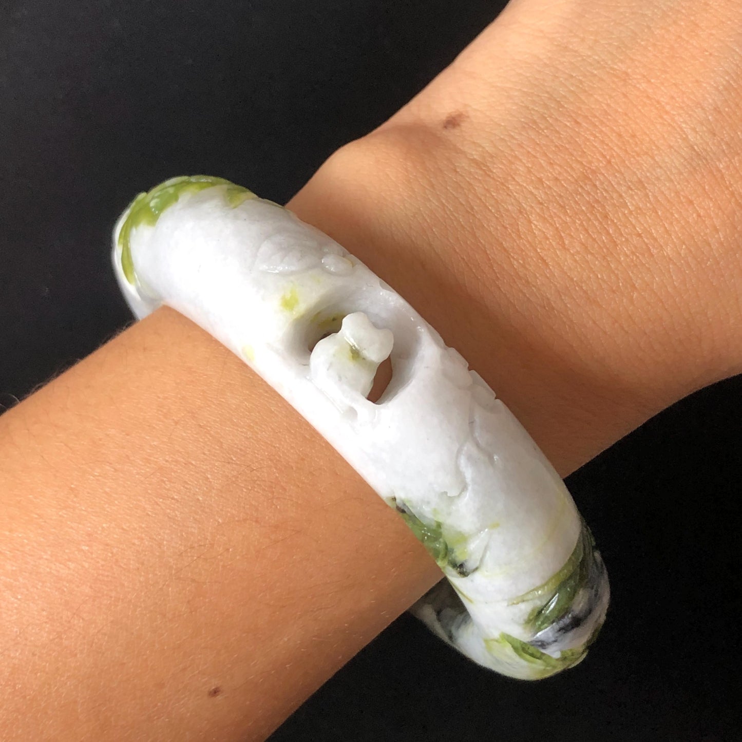 58.2mm Xiu Jade Serpentine Hand Carved Cat in Bamboo Forest Bangle: Natural White Green Bi-colour Jade Handcrafted Bracelet, Stone Carving Gemstone Jewelry Gift for her Green jade White Jade jade carving 3D stone carving cat bracelet kitten bracelet cat carving handcrafted bangle chinese jade cat lover gift natural untreated jade vintage bangle antique bracelet bamboo carving