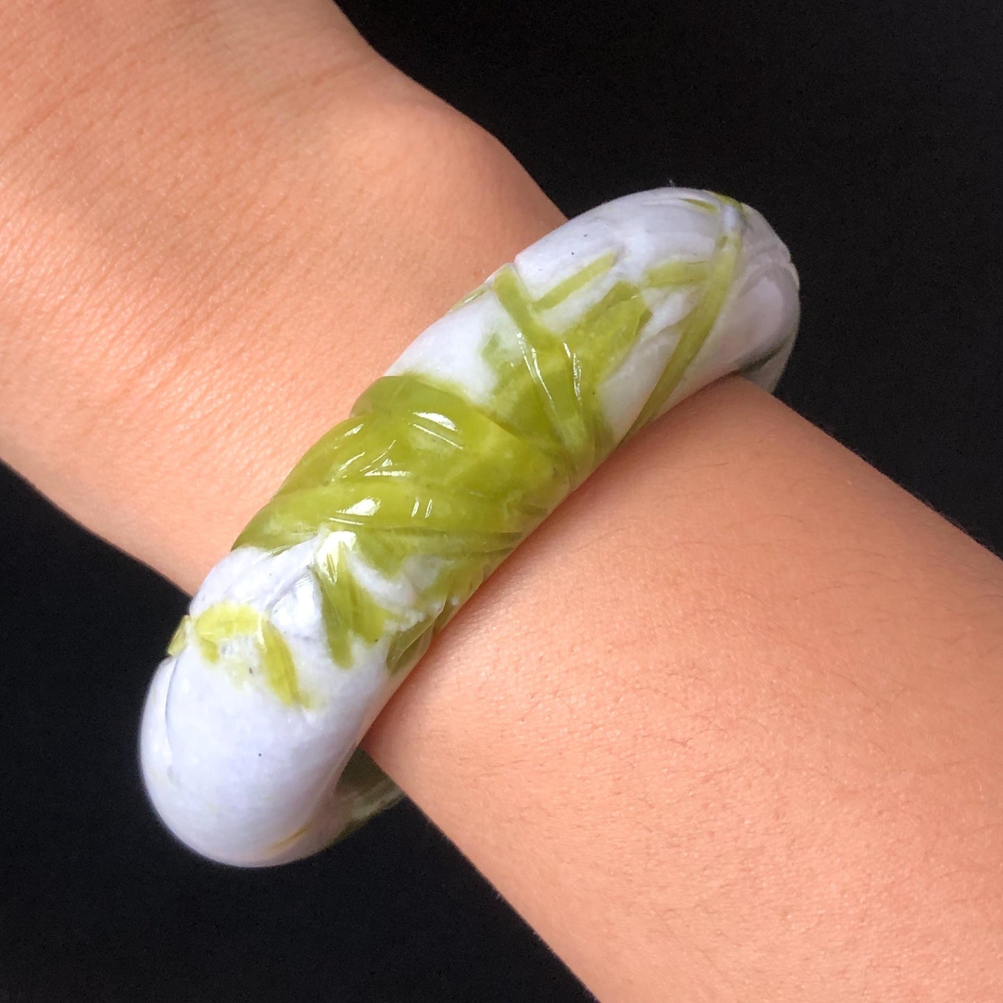 54.4mm Xiu Jade Serpentine Bamboo Forest Bangle: Natural White Green Bi-colour Jade Handcrafted Bracelet, Stone Carving Gemstone Jewelry Gift for her Green jade White Jade jade carving 3D stone carving cat bracelet kitten bracelet handcrafted bangle chinese jade gift natural untreated jade vintage bangle antique bracelet bamboo carving