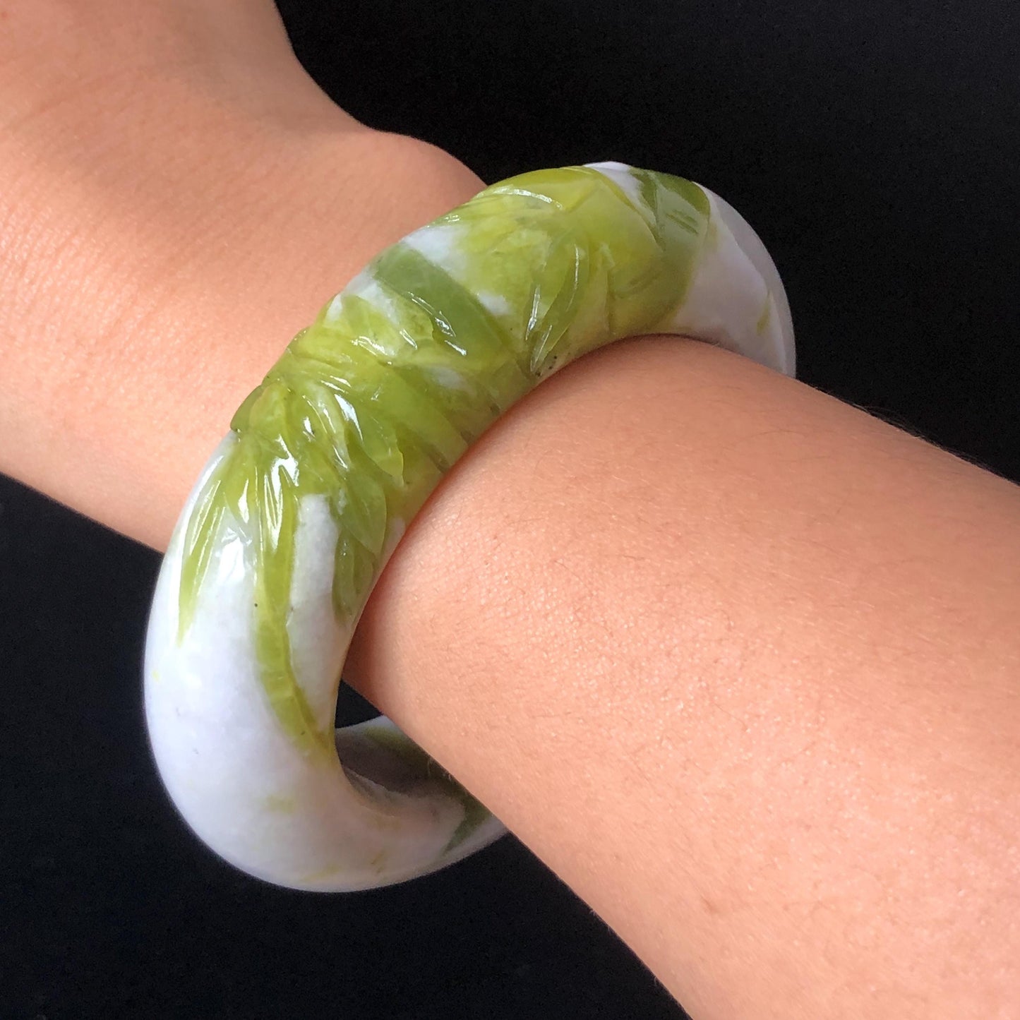 54.4mm Xiu Jade Serpentine Bamboo Forest Bangle: Natural White Green Bi-colour Jade Handcrafted Bracelet, Stone Carving Gemstone Jewelry Gift for her Green jade White Jade jade carving 3D stone carving cat bracelet kitten bracelet handcrafted bangle chinese jade gift natural untreated jade vintage bangle antique bracelet bamboo carving